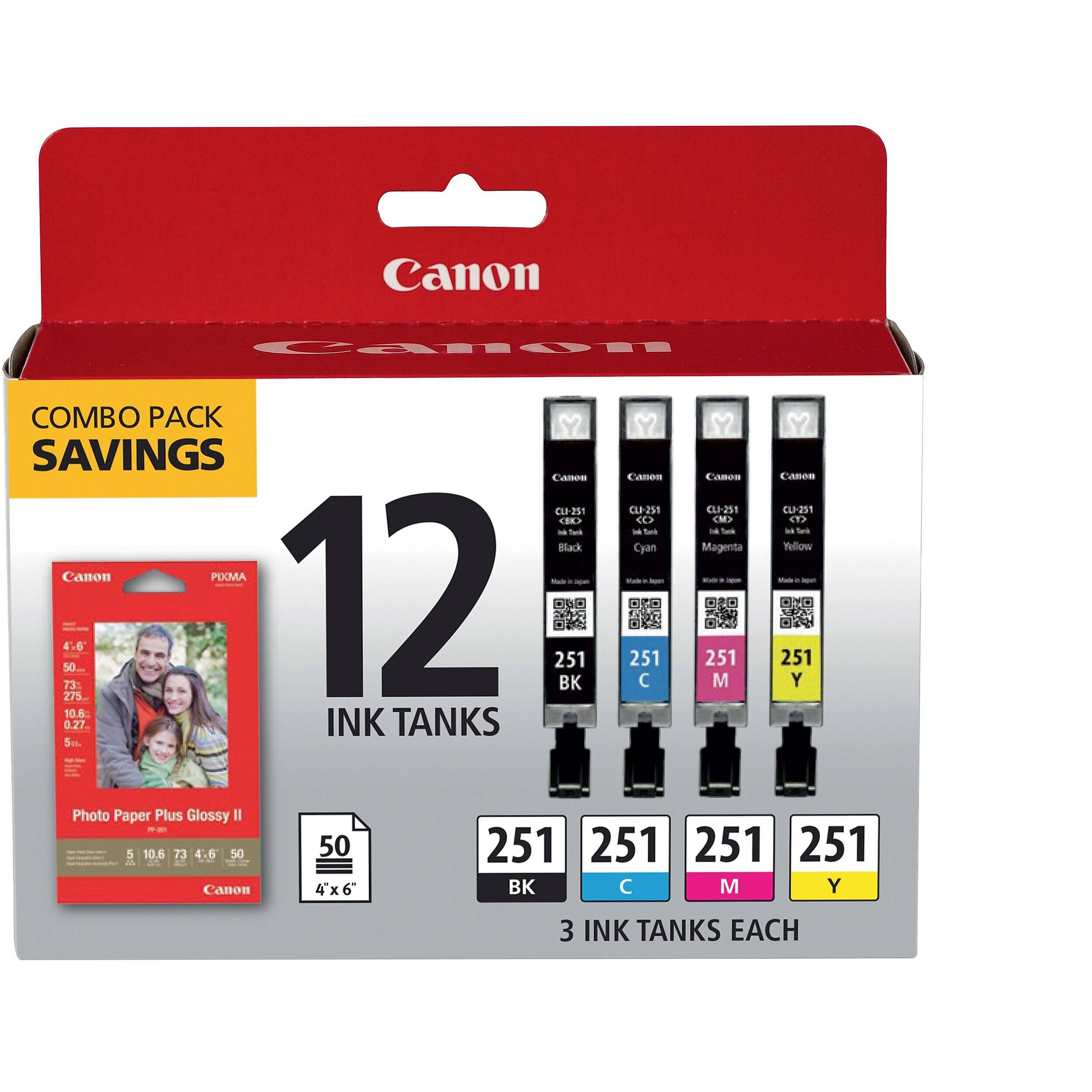Canon Camon COMBO PACK SAVINGS Camon Canem Camon Camoe CL-251 CLD-251 CLP-251 CuP-251 ... CO> IM T2 - Tul - Tel L ~ee - Tee Black Cyan Magenta Yellow Canon PIXMA - 275 50 73- 4.6 12 251 BK 251  251 M 251 Y 10.8 0.27 INK TANKS Se. Photo Paper Plus Glossy II 5 10.6 73 4.6 50 50 251 251 251 251 Canon 4x6 BK  M Y 3 INK TANKS EACH