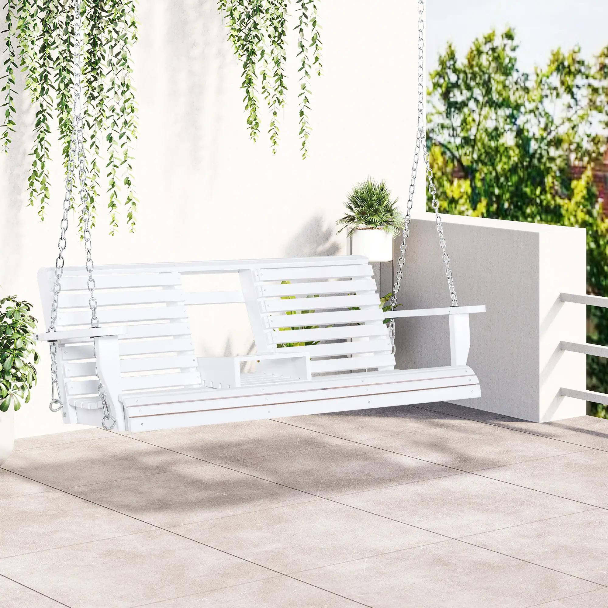 Left. Resenkos - Resenkos 3-Seater Outdoor Swing Bench, Folding Coffee Table, Cup Holders, Chains, 440lb Capacity, White.