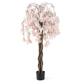 Costway - 1 PCS 5.5 FT Tall Artificial Cherry Blossom Tree with Pink Flowers Fake Potted Tree - White