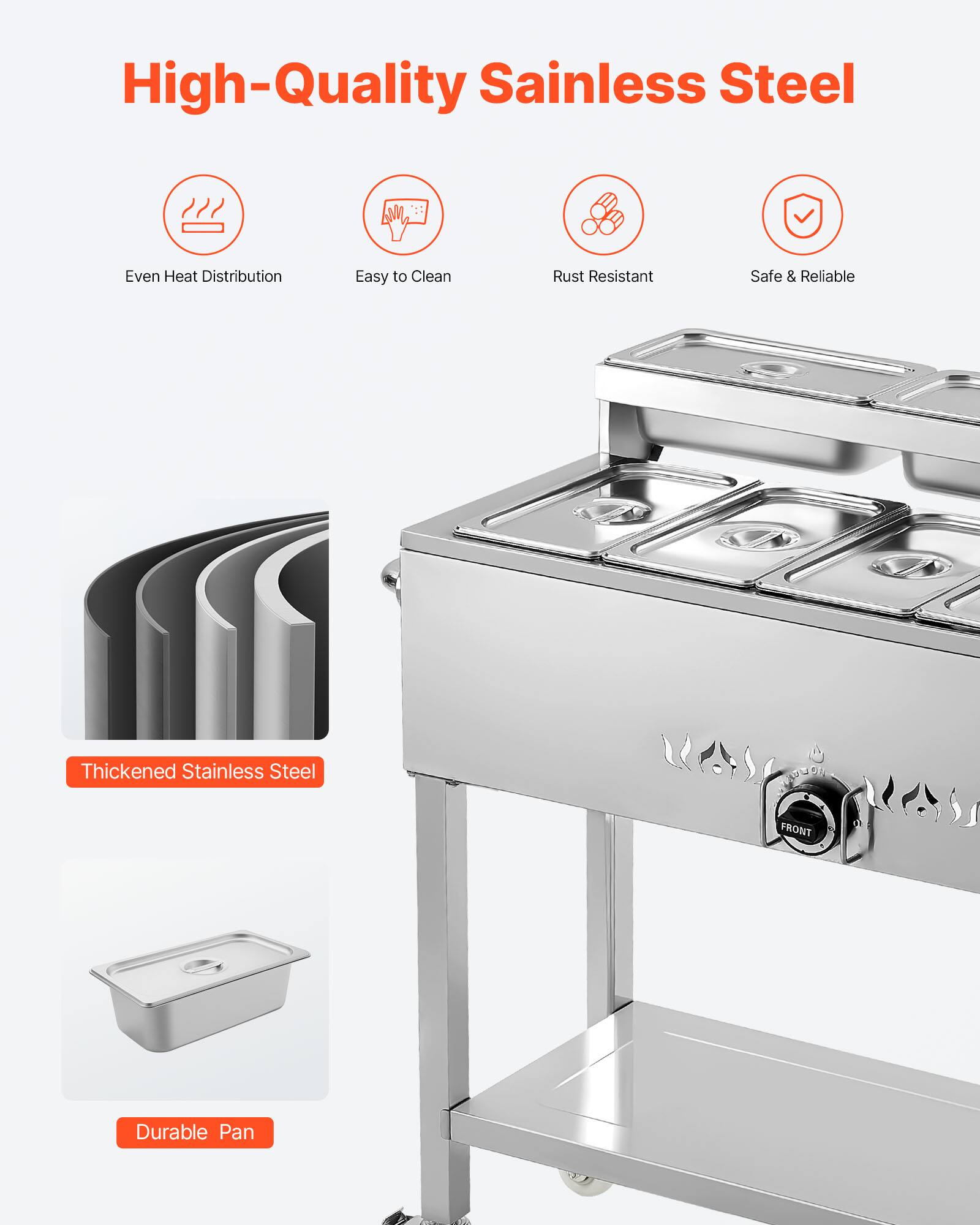 High-Quality Stainless Steel

- Even Heat Distribution
- Easy to Clean
- Rust Resistant
- Safe & Reliable

Thickened Stainless Steel

Durable Pan