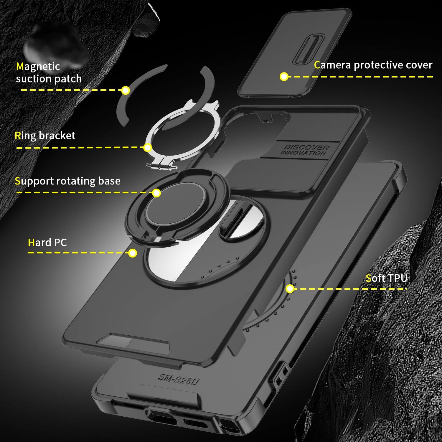 Magnetic suction patch  
Camera protective cover  
Ring bracket  
DISCOVER INNOVATION  
Support rotating base  
Hard PC  
Soft TPU  
SM-S25U