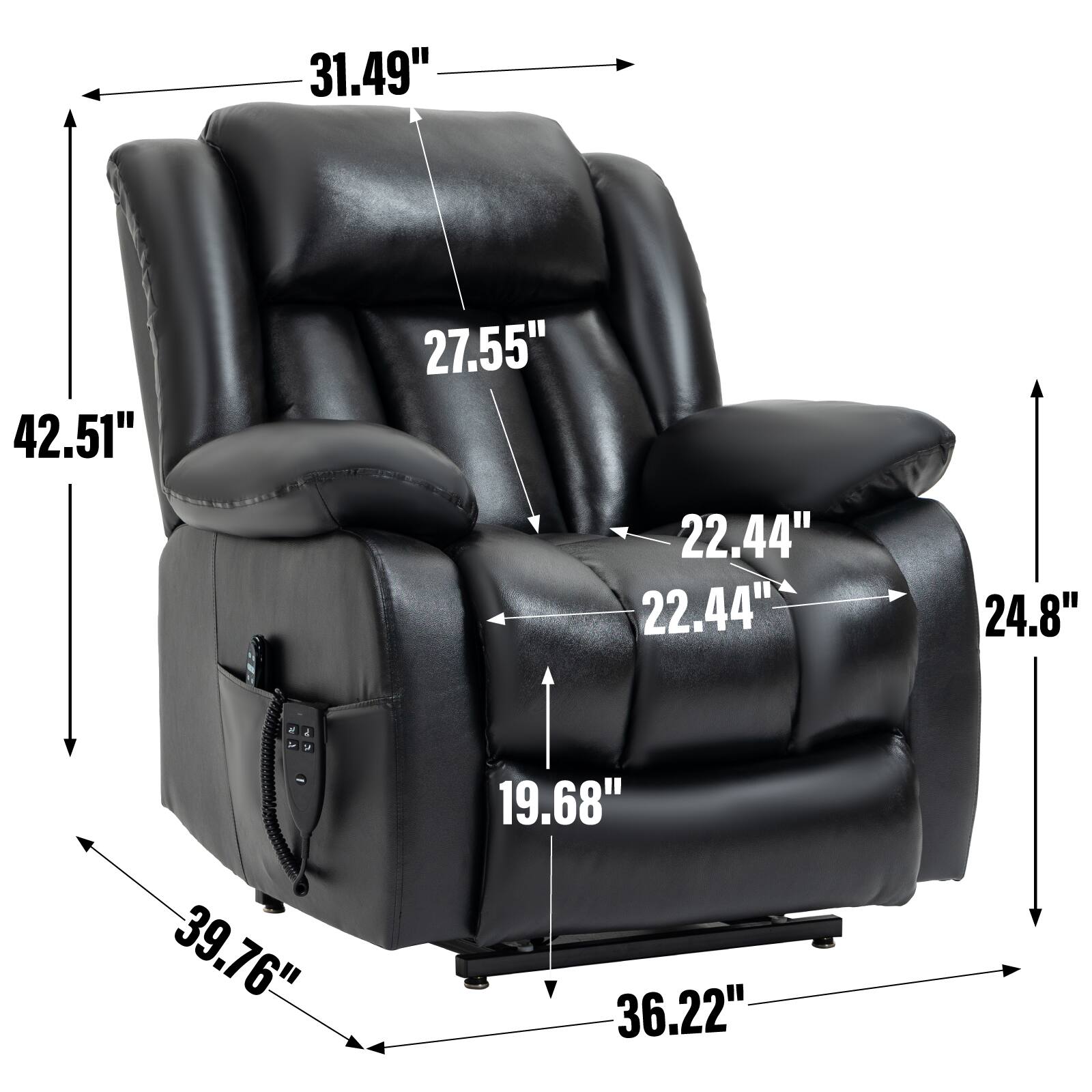 - Height: 42.51"
- Width: 31.49"
- Depth: 39.76"
- Seat Height: 19.68"
- Seat Width: 22.44"
- Seat Depth: 22.44"
- Back Height: 27.55"
- Armrest Height: 24.8"
- Overall Width: 36.22"