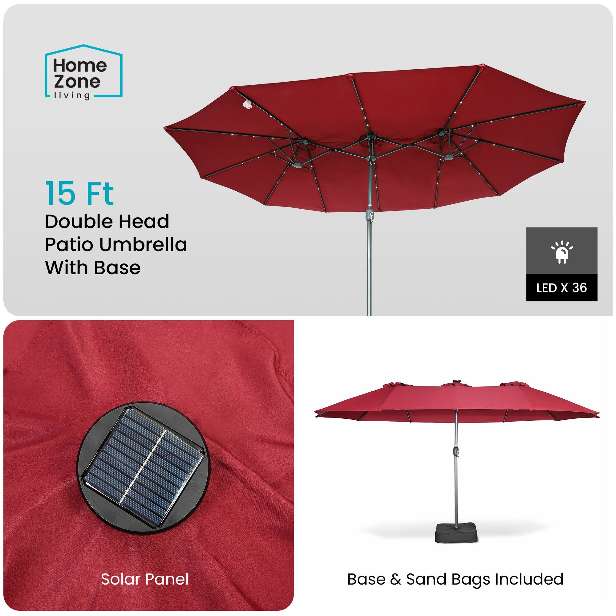 Home Zone Living 15 Ft Double Head Patio Umbrella With Base LED X 36 Solar Panel Base & Sand Bags Included