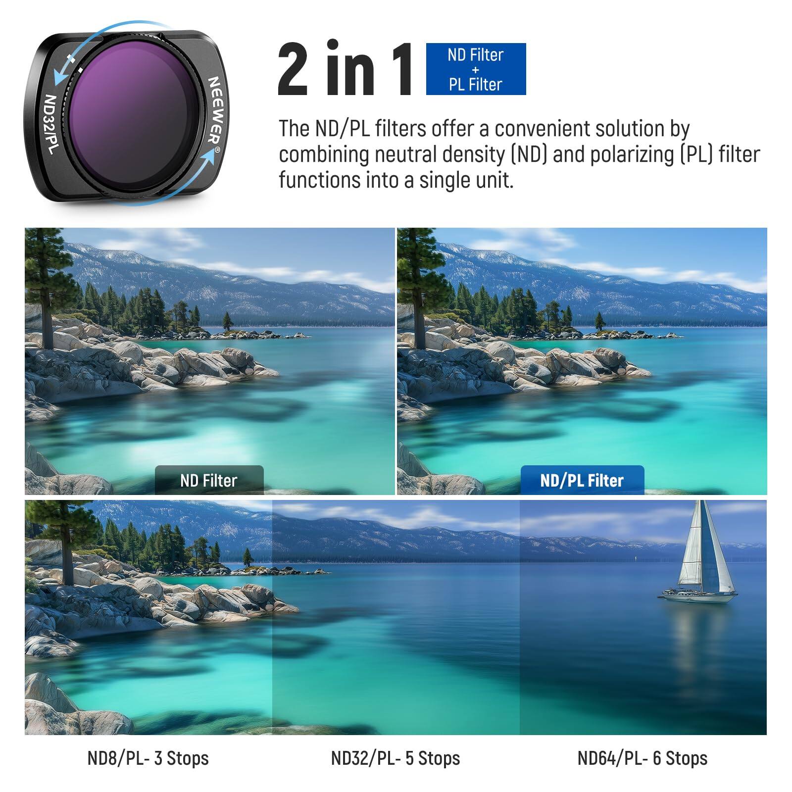 ND32/PL NEEWER ND Filter 2 in 1 PL Filter + The ND/PL filters offer a convenient solution by combining neutral density (ND) and polarizing (PL) filter functions into a single unit. ND Filter ND/PL Filter ND8/PL- 3 Stops ND32/PL- 5 Stops ND64/PL- 6 Stops