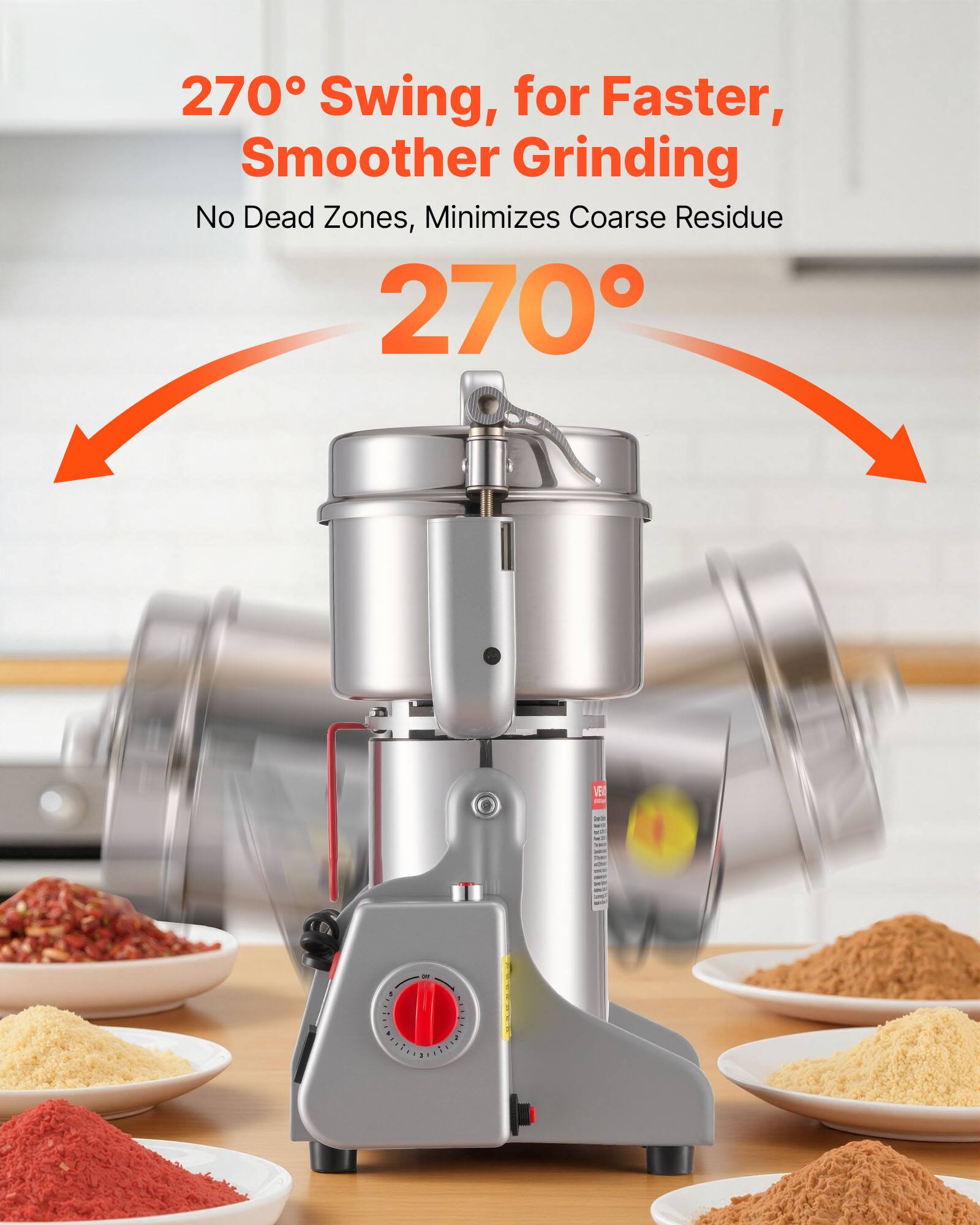 270° Swing, for Faster, Smoother Grinding  
No Dead Zones, Minimizes Coarse Residue  
270°