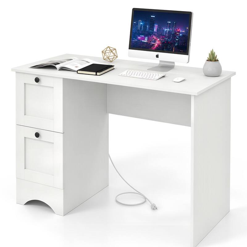 Angle. WELLFOR - 43" Computer Desk with Power Outlets & 2 Drawers, Writing Studying Working Desk for Home Office - White.