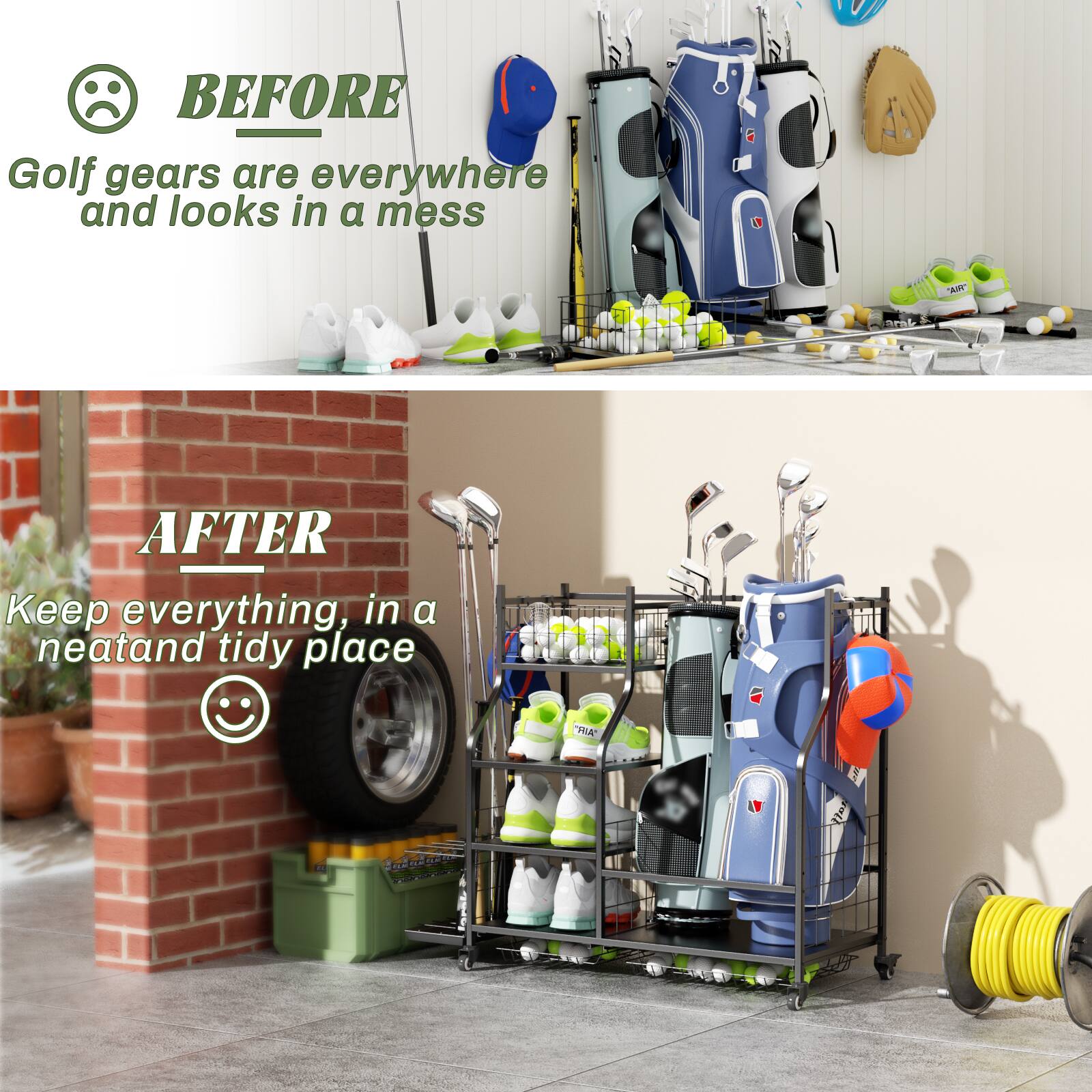 **BEFORE**  
Golf gears are everywhere and looks in a mess

**AFTER**  
Keep everything in a neat and tidy place