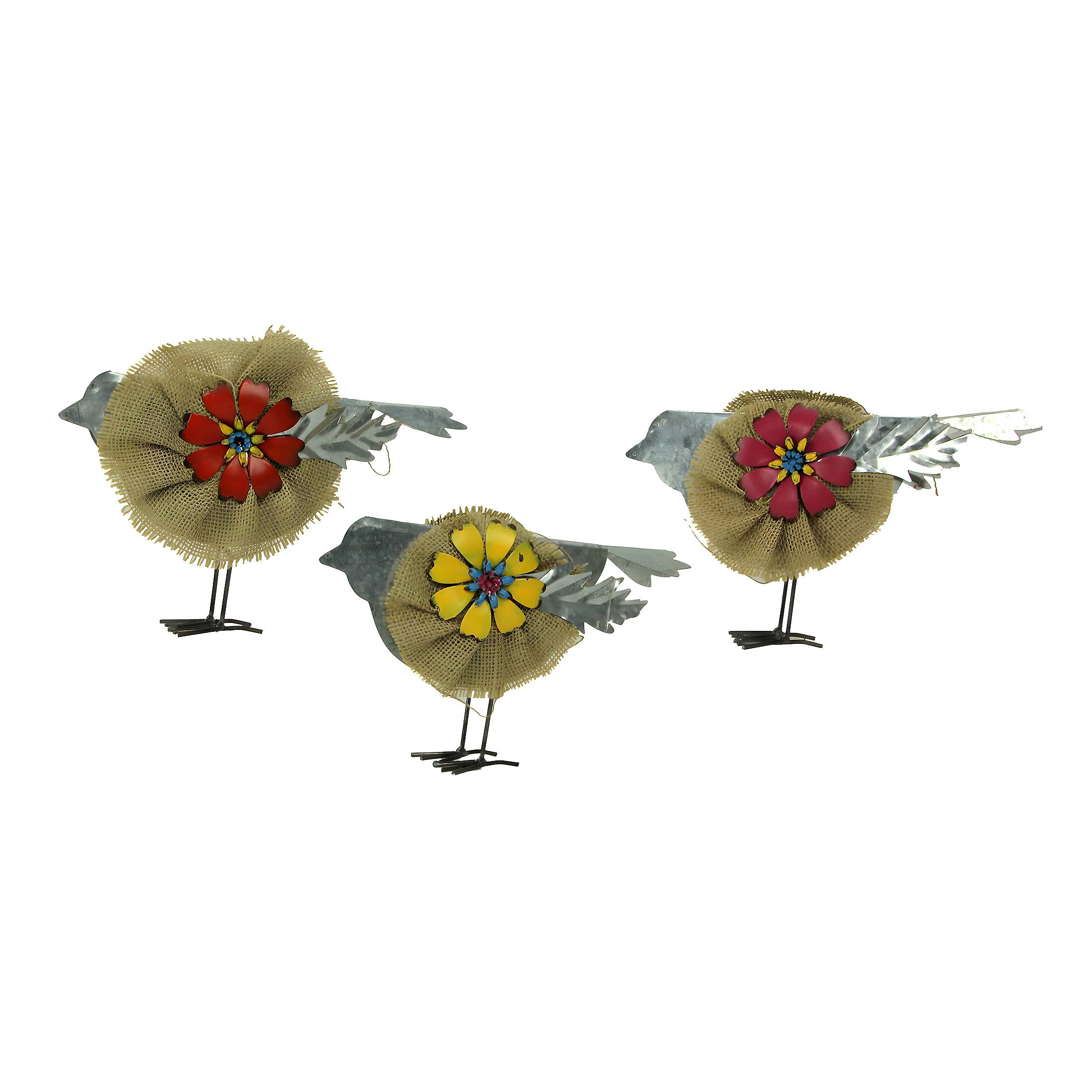 Front. Zeckos - Metal and Burlap Rustic Flower Bird Sculptures Set of 3 - Multicolored.