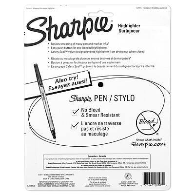 Sure, here is the corrected and grouped text from the image:

---

**Sharpie Highlighter**

- Resists smearing of many pen and marker inks
- Safety Seal valve design prevents highlighter from drying out when closed
- Bouton pression facile pour surligner d'une seule main
- La soupape Safety Seal prévient le dessèchement du surligneur lorsque fermé

**Also try!**
**Essayez aussi!**

**Sharpie PEN / STYLO**

- No Bleed & Smear Resistant
- L'encre ne traverse pas et résiste au maculage

---

**Sharpie.com**

**AP**

**164 28101**

---

**Sharpie**

**Highlighter**

**Surligneur**

---

**Sharpie**

**PEN / STYLO**

**No Bleed & Smear Resistant**

**L'encre ne traverse pas et résiste au maculage**

---

**Sharpie.com**

**AP**

**164 28101**

---

**Sharpie**

**Highlighter**

**Surligneur**

---

**Sharpie**

**PEN / STYLO**

**No Bleed &