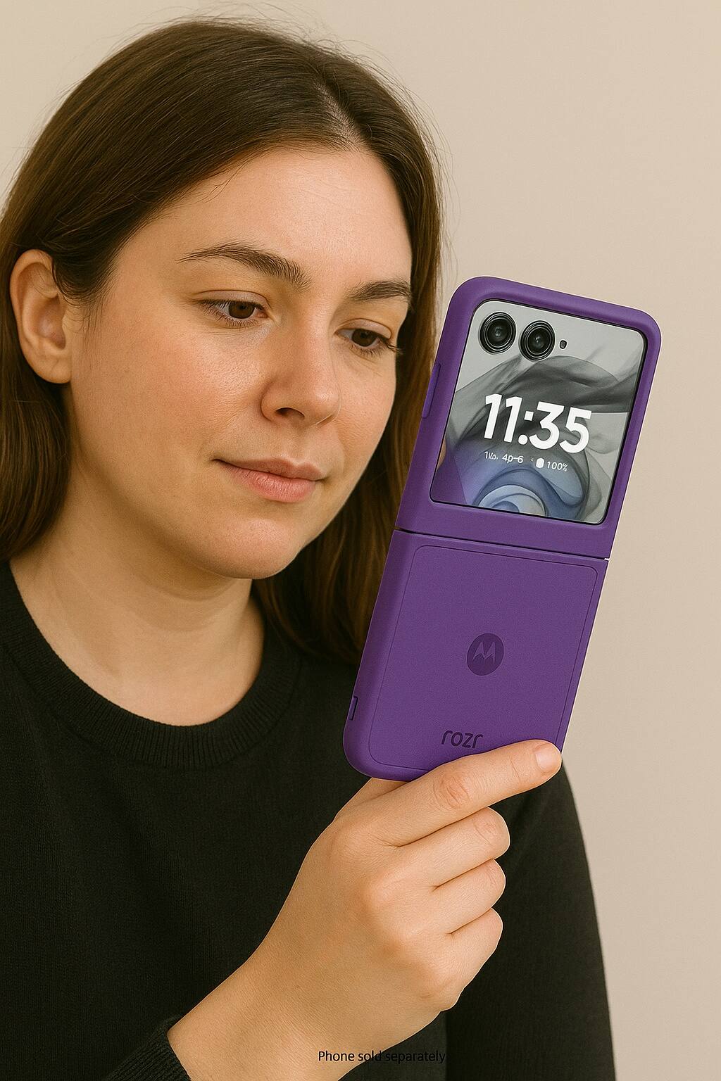 The text on the image reads: "11:35 1v. 4-6 100% Moto Rozr Phone sold separately."