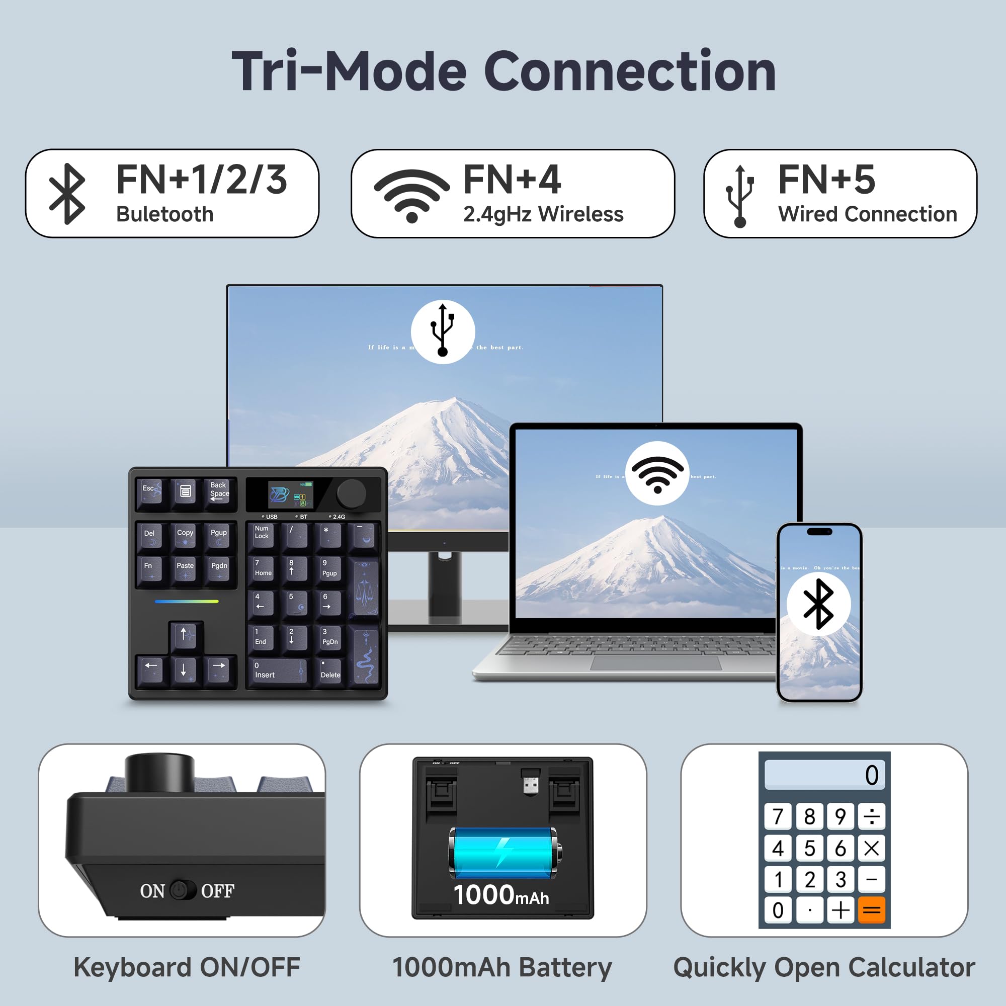 Tri-Mode Connection

FN+1/2/3 Bluetooth  
FN+4 2.4GHz Wireless  
FN+5 Wired Connection  

Keyboard ON/OFF  
1000mAh Battery  
Quickly Open Calculator