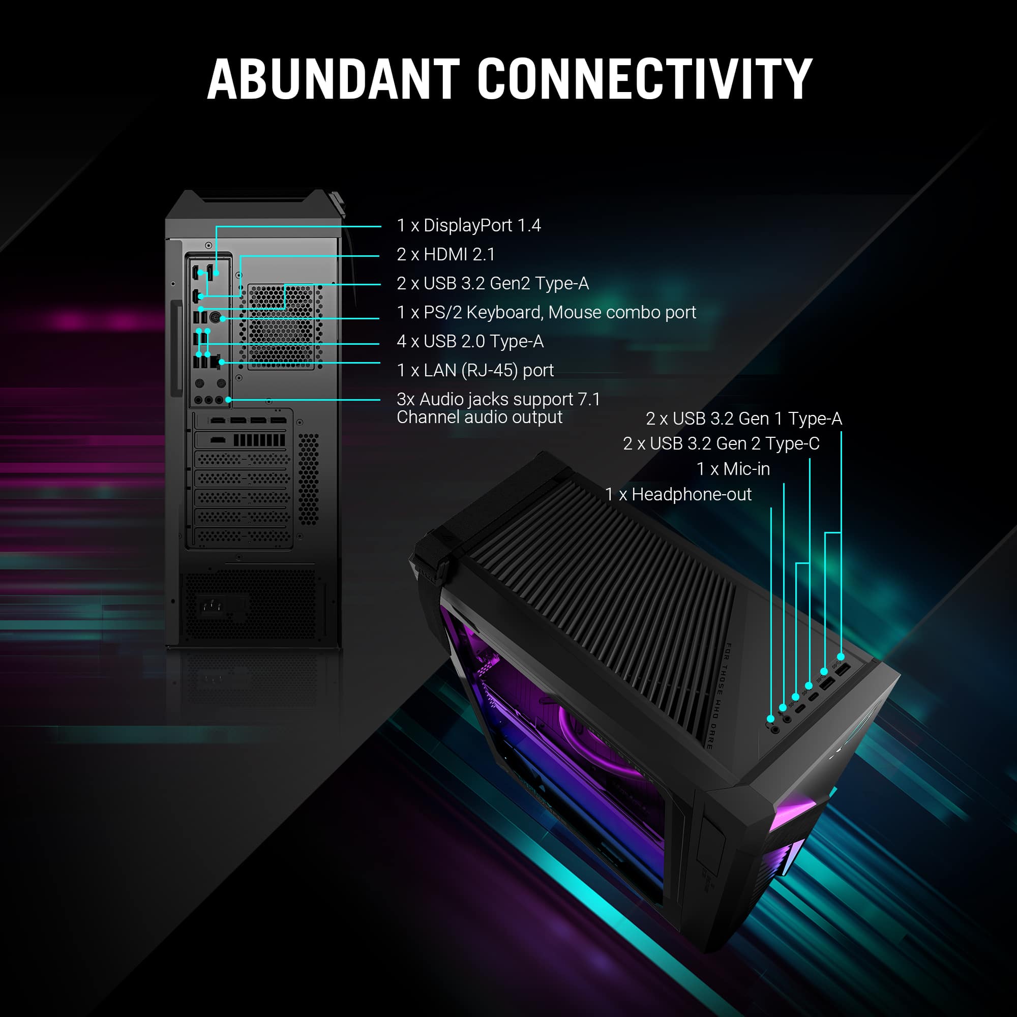 Abundant Connectivity:
1. DisplayPort 1.4
2. 2 x HDMI 2.1
3. 2 x USB 3.2 Gen2 Type-A
4. 1 x PS/2 Keyboard, Mouse combo port
5. 4 x USB 2.0 Type-A
6. 1 x LAN (RJ-45) port
7. 3x Audio jacks support 7.1 Channel audio output
8. 2 x USB 3.2 Gen 1 Type-A
9. 2 x USB 3.2 Gen 2 Type-C
10. 1 x Mic-in
11. 1 x Headphone-out