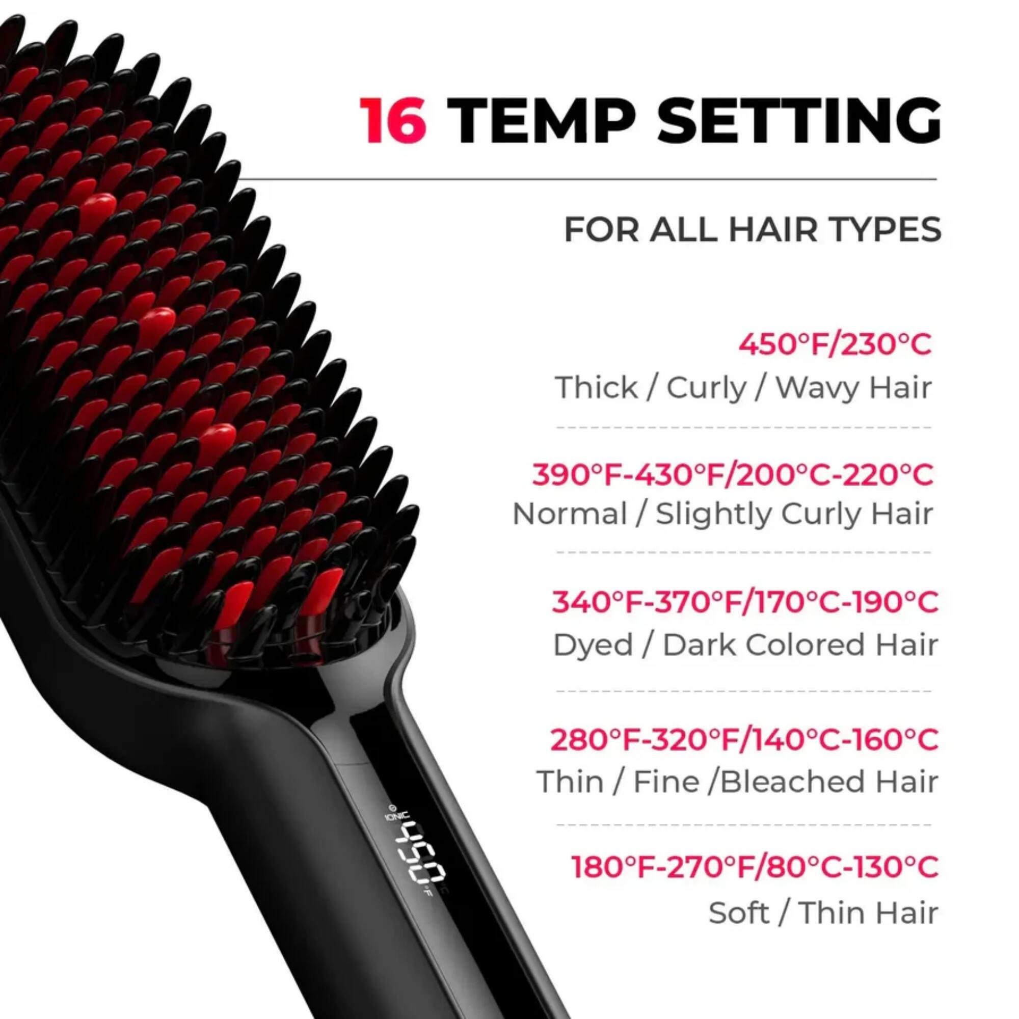 16 TEMP SETTING FOR ALL HAIR TYPES

- 450°F/230°C: Thick / Curly / Wavy Hair
- 390°F-430°F/200°C-220°C: Normal / Slightly Curly Hair
- 340°F-370°F/170°C-190°C: Dyed / Dark Colored Hair
- 280°F-320°F/140°C-160°C: Thin / Fine / Bleached Hair
- 180°F-270°F/80°C-130°C: Soft / Thin Hair