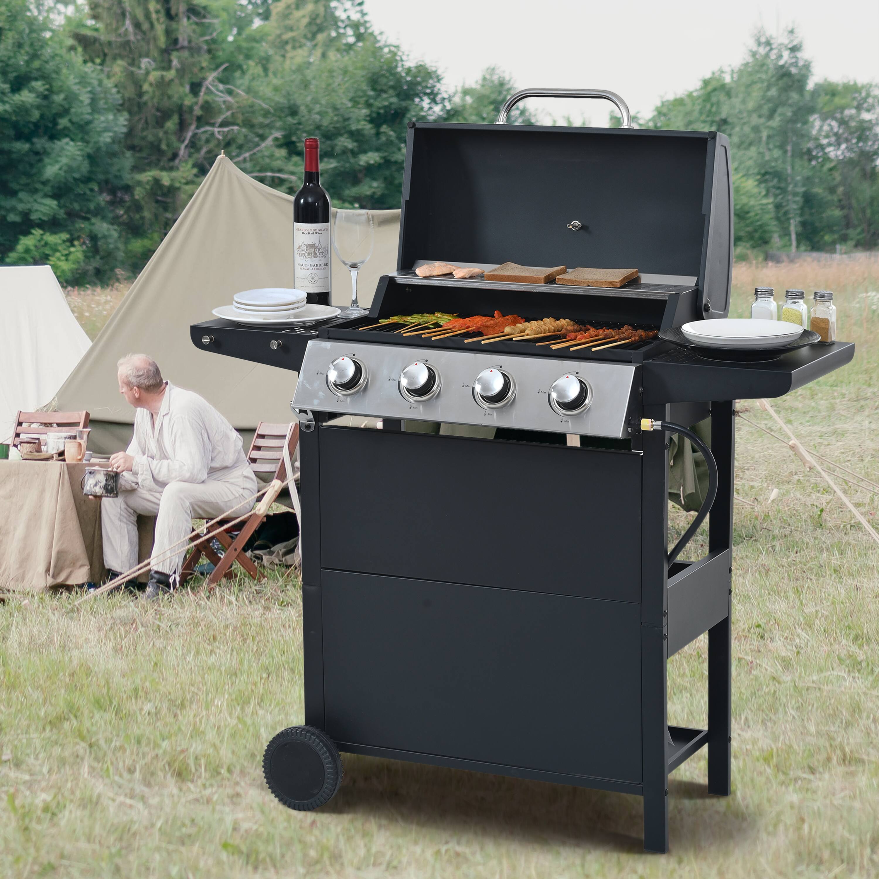 Angle. Yardgrace - 4 Burner Barbecue Grill, Stainless Steel 34,000 BTU Patio Garden Barbecue Grill with Two Foldable Shelves - Black.