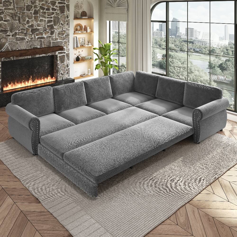 Alt View 10. Loheer - Loheer 118 Inch L-Shaped Sleeper Sofa Pull-Out Bed Light Grey - Light Grey.