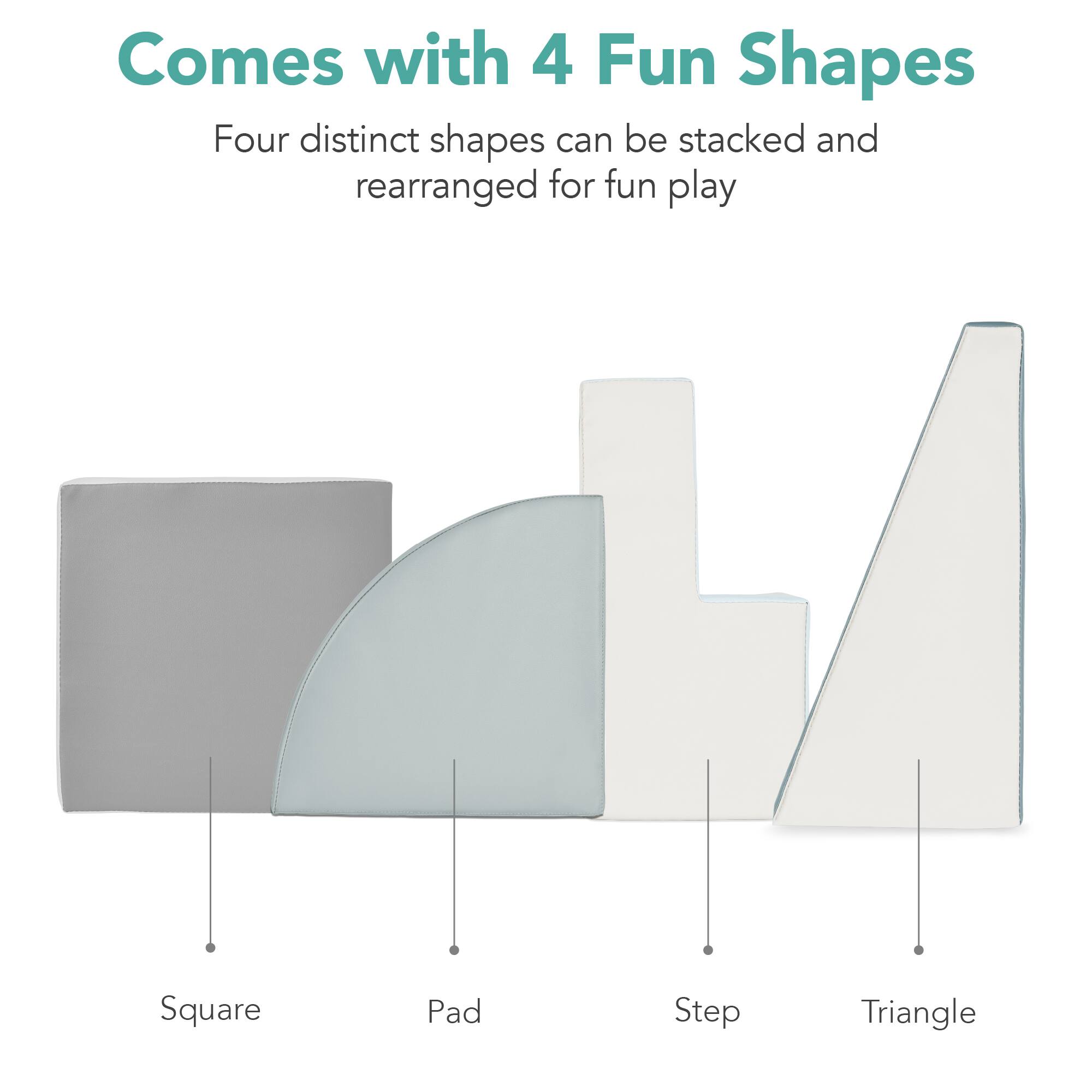 The text in the image can be grouped and corrected as follows:

"Comes with 4 Fun Shapes
Four distinct shapes can be stacked and rearranged for fun play:
- Square
- Pad
- Step
- Triangle"