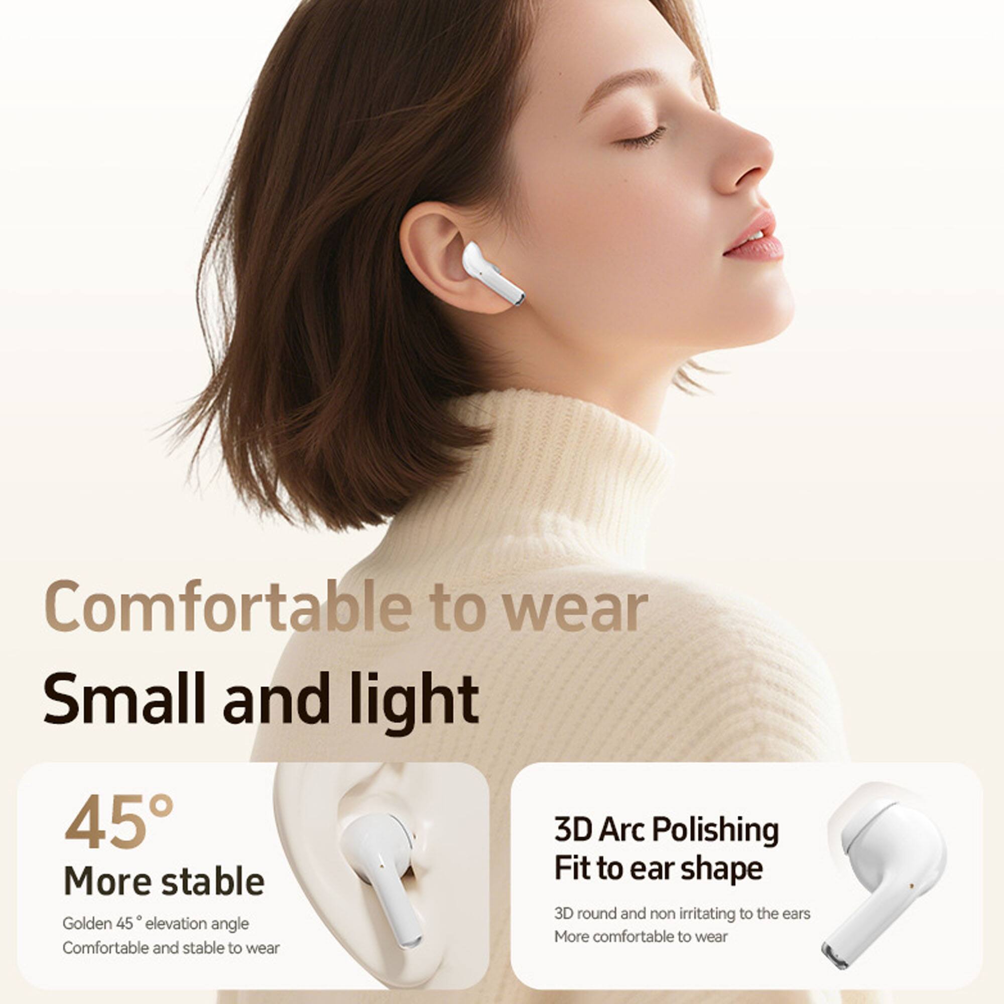 Comfortable to wear  
Small and light  

45°  
More stable  
Golden 45° elevation angle  
Comfortable and stable to wear  

3D Arc Polishing  
Fit to ear shape  
3D round and non irritating to the ears  
More comfortable to wear