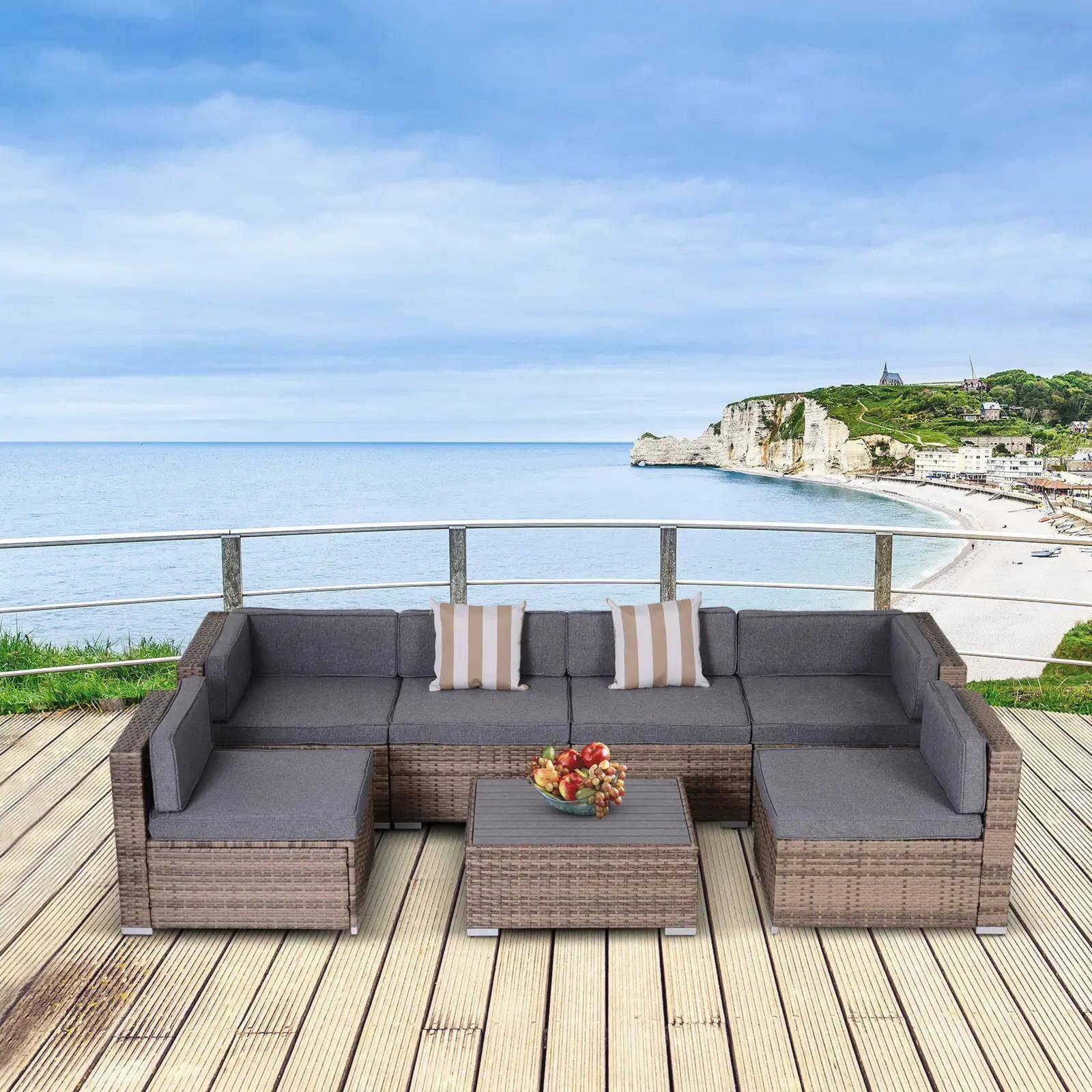 Alt View 1. Resenkos - Resenkos 7-Piece Rattan Sectional Set, Outdoor Sectional Furniture, PE Rattan, Gray - Gray.