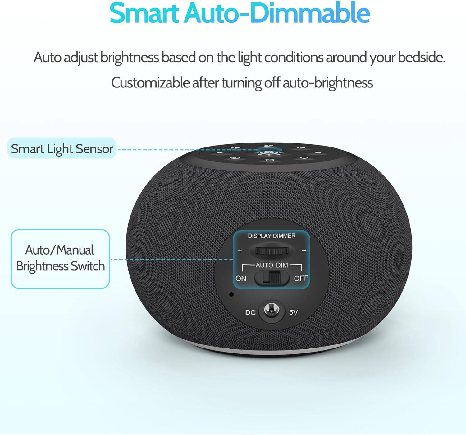 Smart Auto-Dimmable

Auto adjust brightness based on the light conditions around your bedside. Customizable after turning off auto-brightness

Smart Light Sensor

Auto/Manual Brightness Switch

DISPLAY DIMMER

+ - AUTO DIM

ON OFF

DC 5V