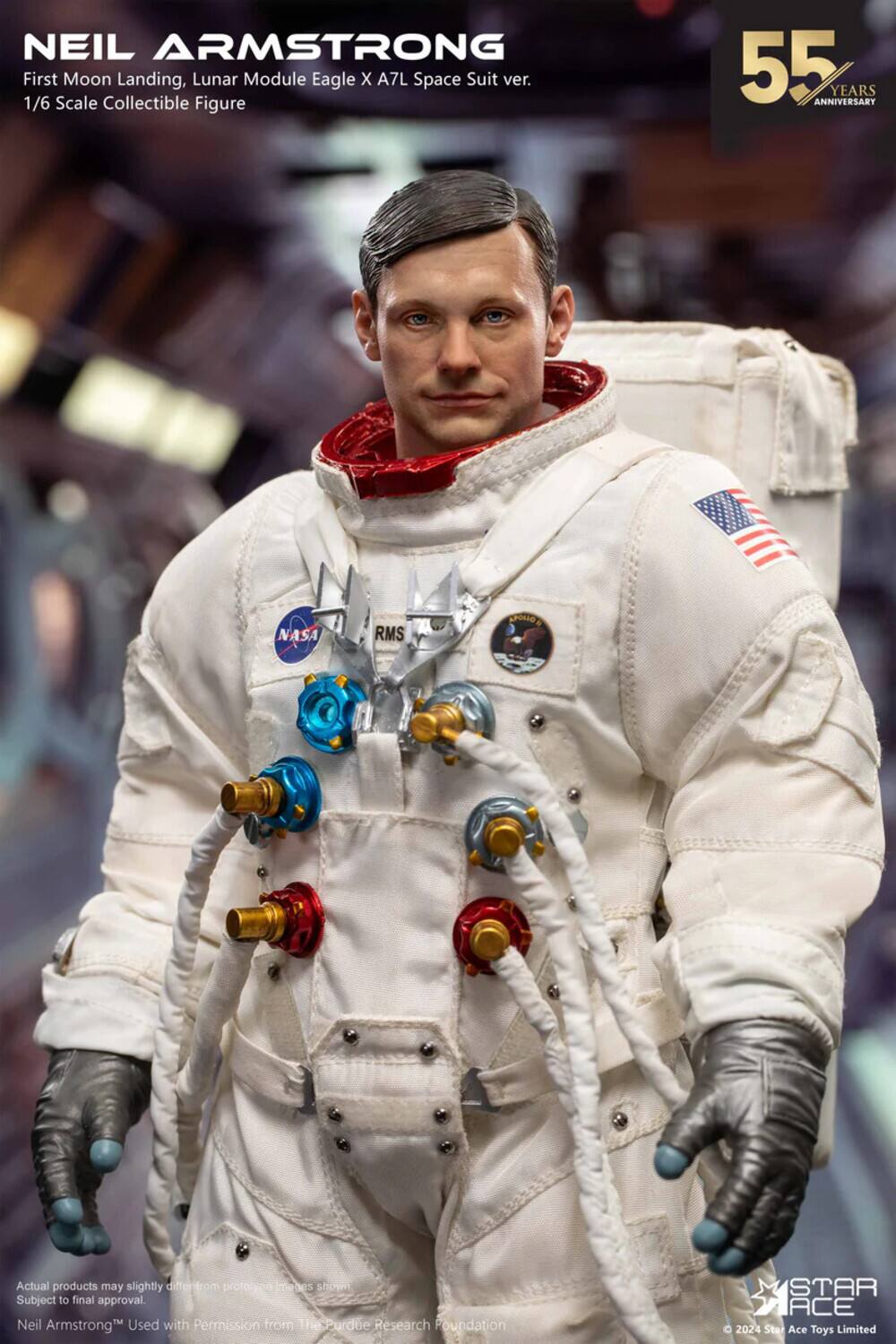 NEIL ARMSTRONG  
First Moon Landing, Lunar Module Eagle X A7L Space Suit ver. 1/6 Scale Collectible Figure  
55 ANNIVERSARY YEARS  
NASA RMS SOIOS  

Actual products may slightly differ from prototypes shown. Subject to final approval.  
Neil Armstrong™ Used with Permission from The Purdue Research Foundation  

STAR ACE  
© 2024 Star Ace Toys Limited
