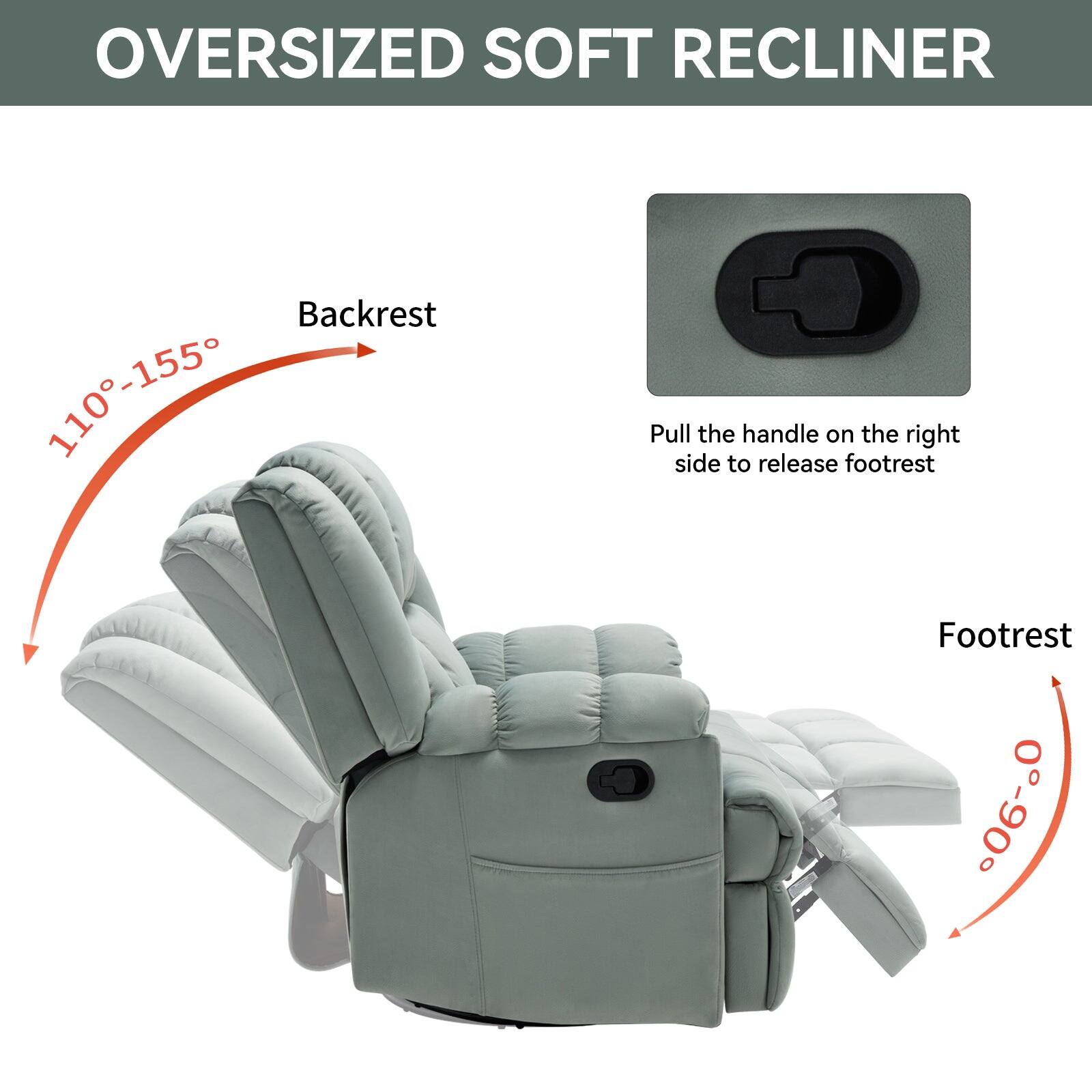 OVERSIZED SOFT RECLINER
Backrest 110-155
Pull the handle on the right side to release footrest
Footrest 0-90