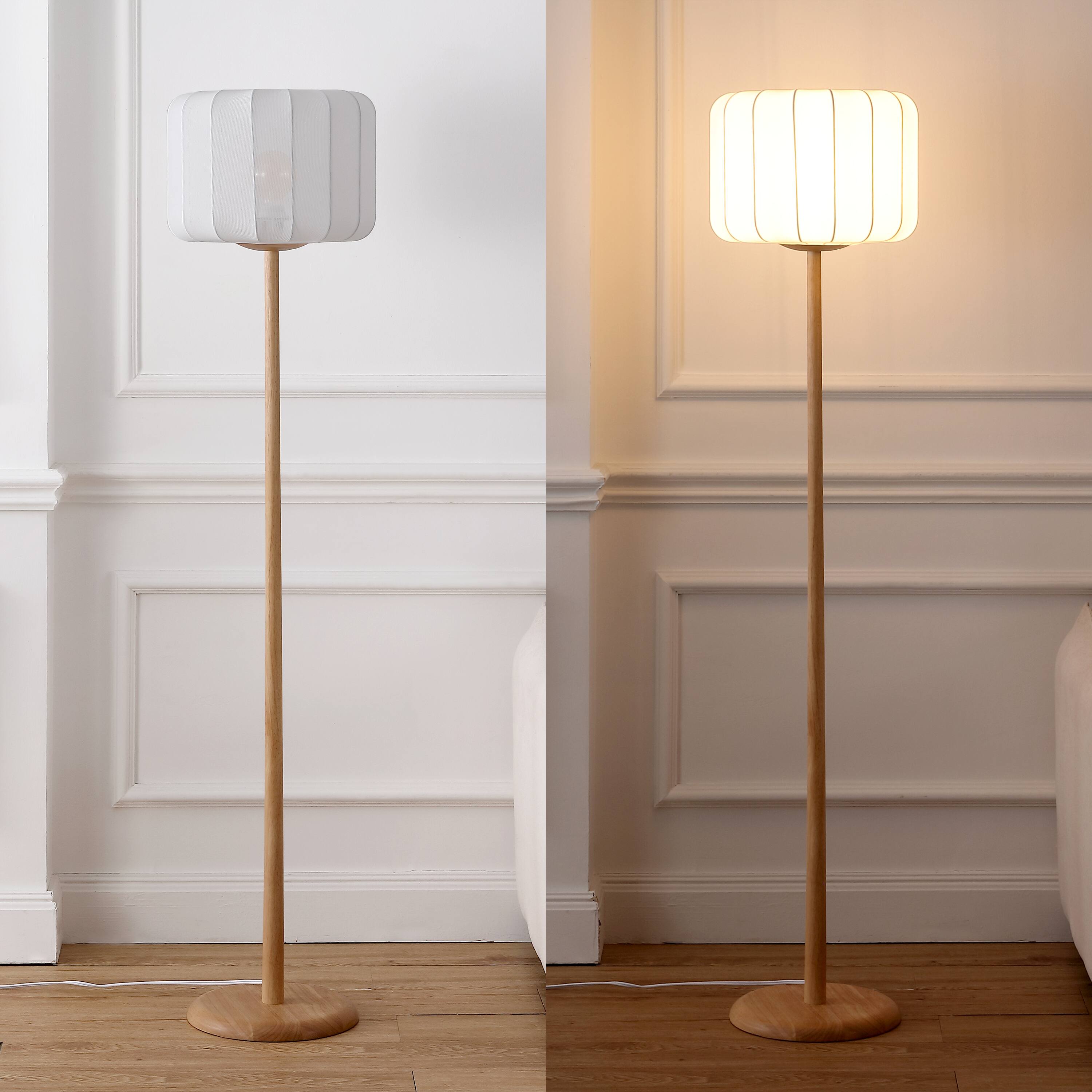 Alt View 3. Jonathan Y - Maryna 59.5 in. Minimalist Modern Teahouse Wood with Ribbed Cocoon Pumpkin Shade LED Floor Lamp, White/Light Brown - Light Brown Wood.