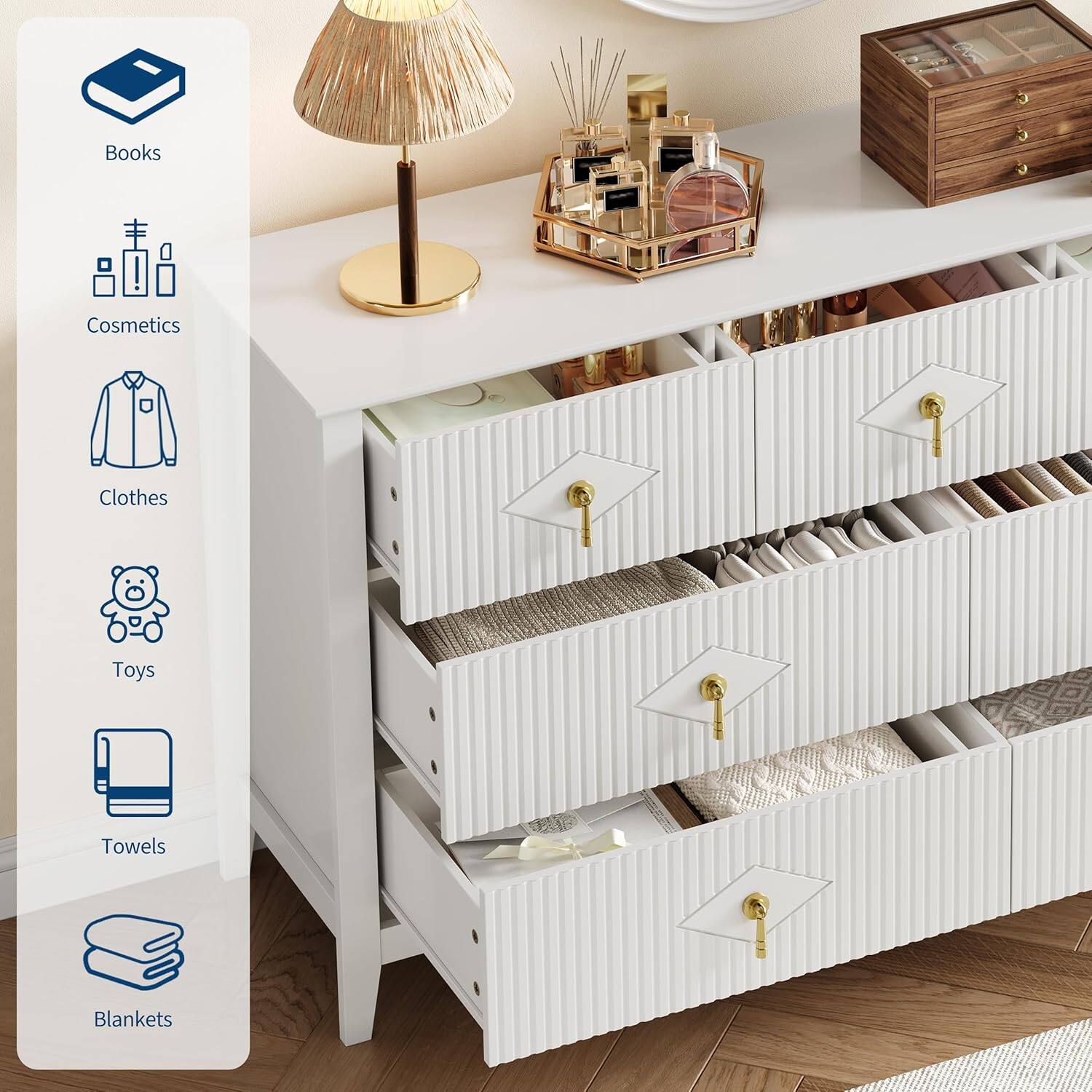 Books  
Cosmetics  
Clothes  
Toys  
Towels  
Blankets