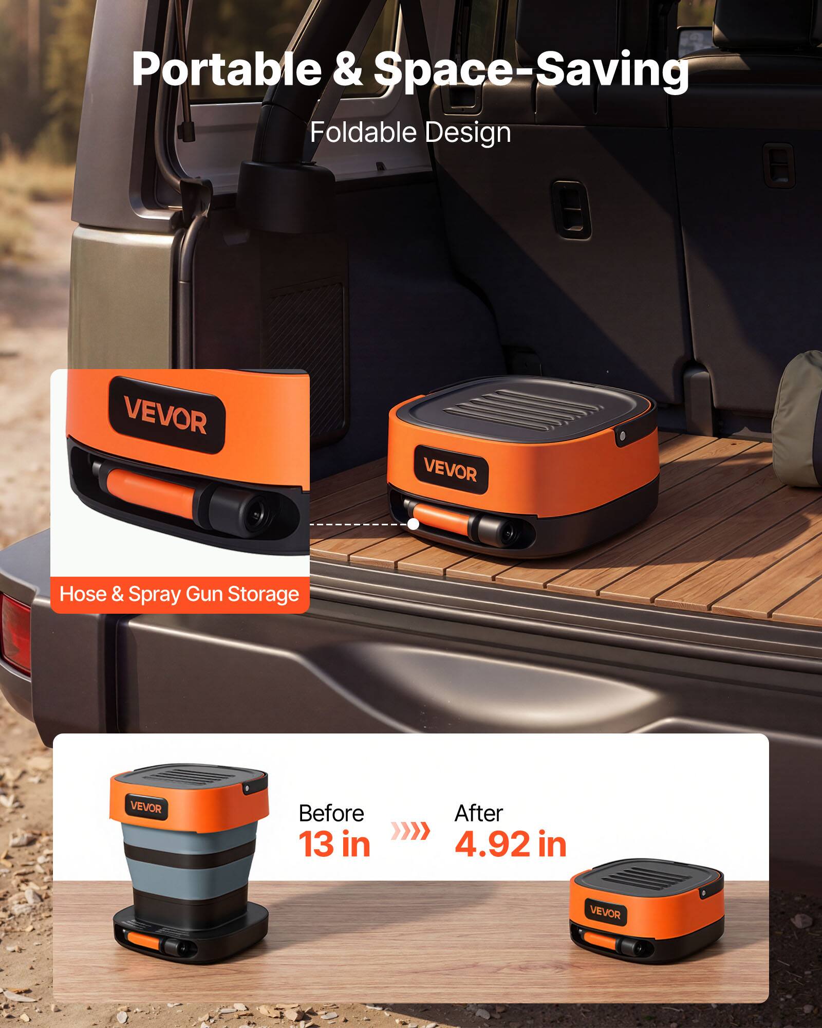 Portable & Space-Saving Foldable Design  
VEVOR Hose & Spray Gun Storage  

Before: 13 in  
After: 4.92 in