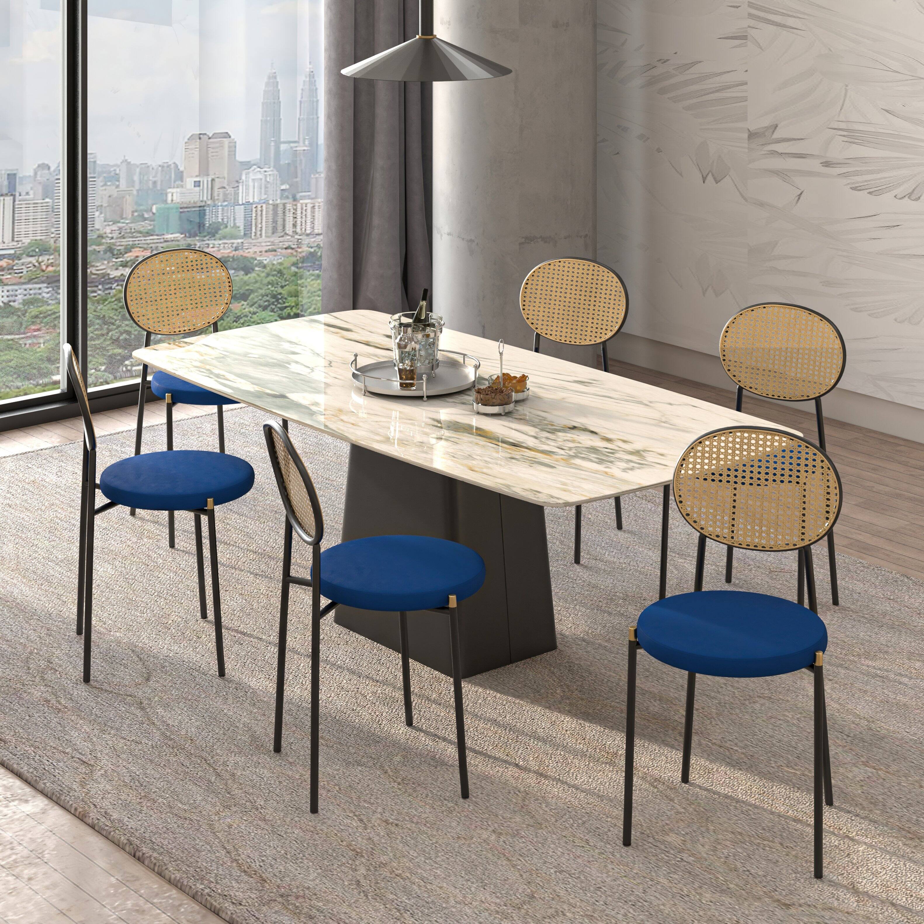 Left. LeisureMod - Euston Modern Gold Tip Dining Chair, Mid-Century Rattan Cane Back Accent Armless Chair - Velvet Upholstered Cushion - Navy Blue.