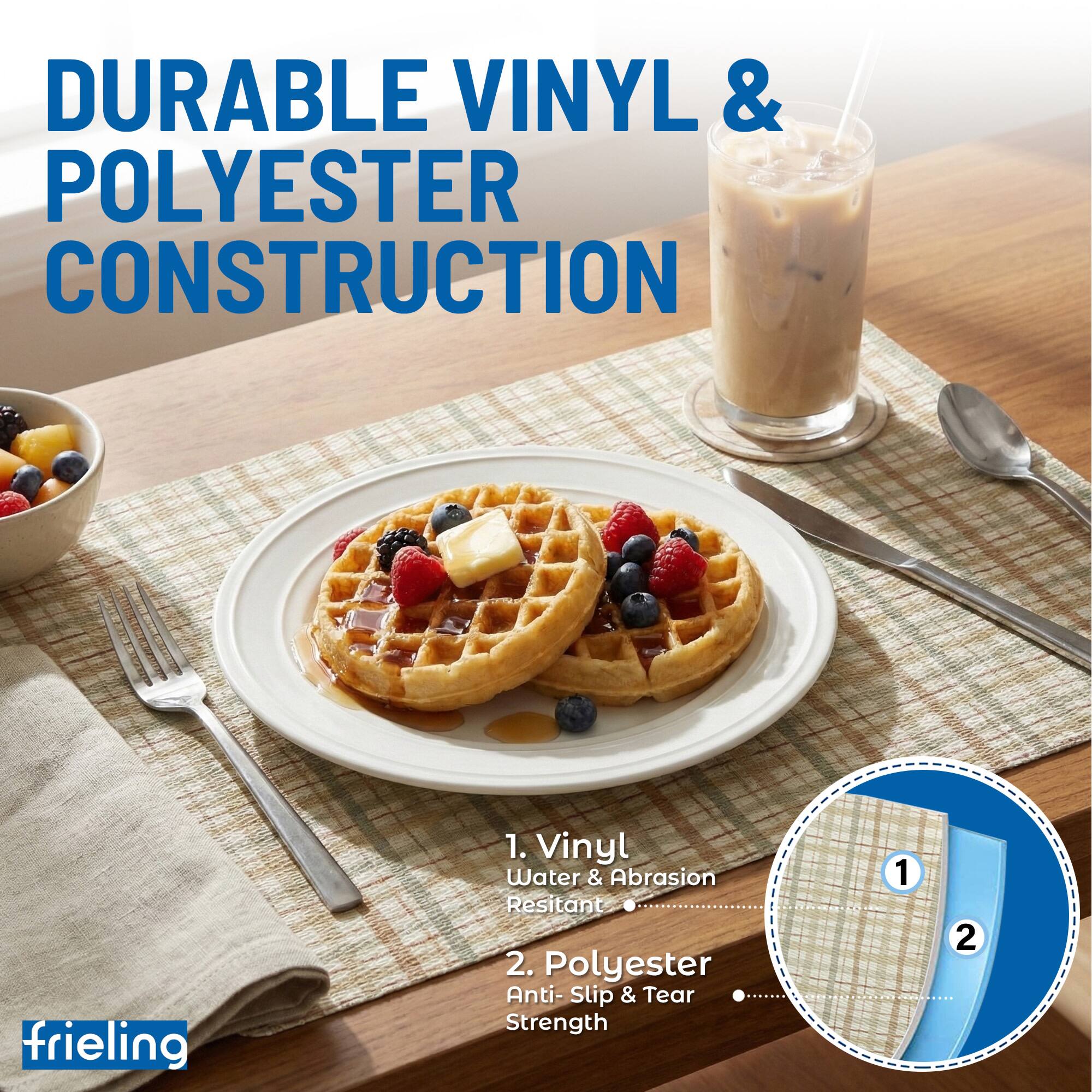 DURABLE VINYL & POLYESTER CONSTRUCTION

1. Vinyl Water & Abrasion Resistant
2. Polyester Anti-Slip & Tear Strength

frieling