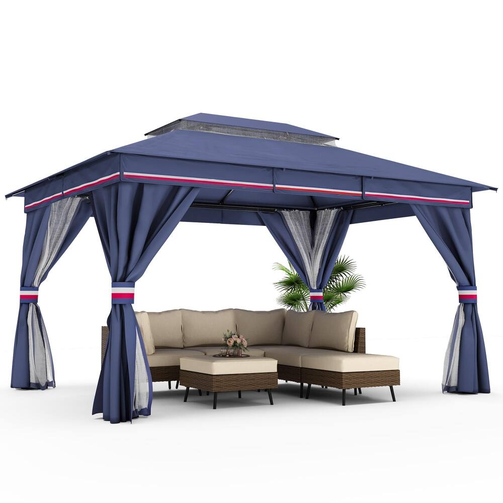 Back. Yardgrace - 10x13 FT Outdoor Heavy Duty Metal Frame Gazebo Double Roof Mosquito Net Privacy Screen Patio Backyard Garden - Blue.
