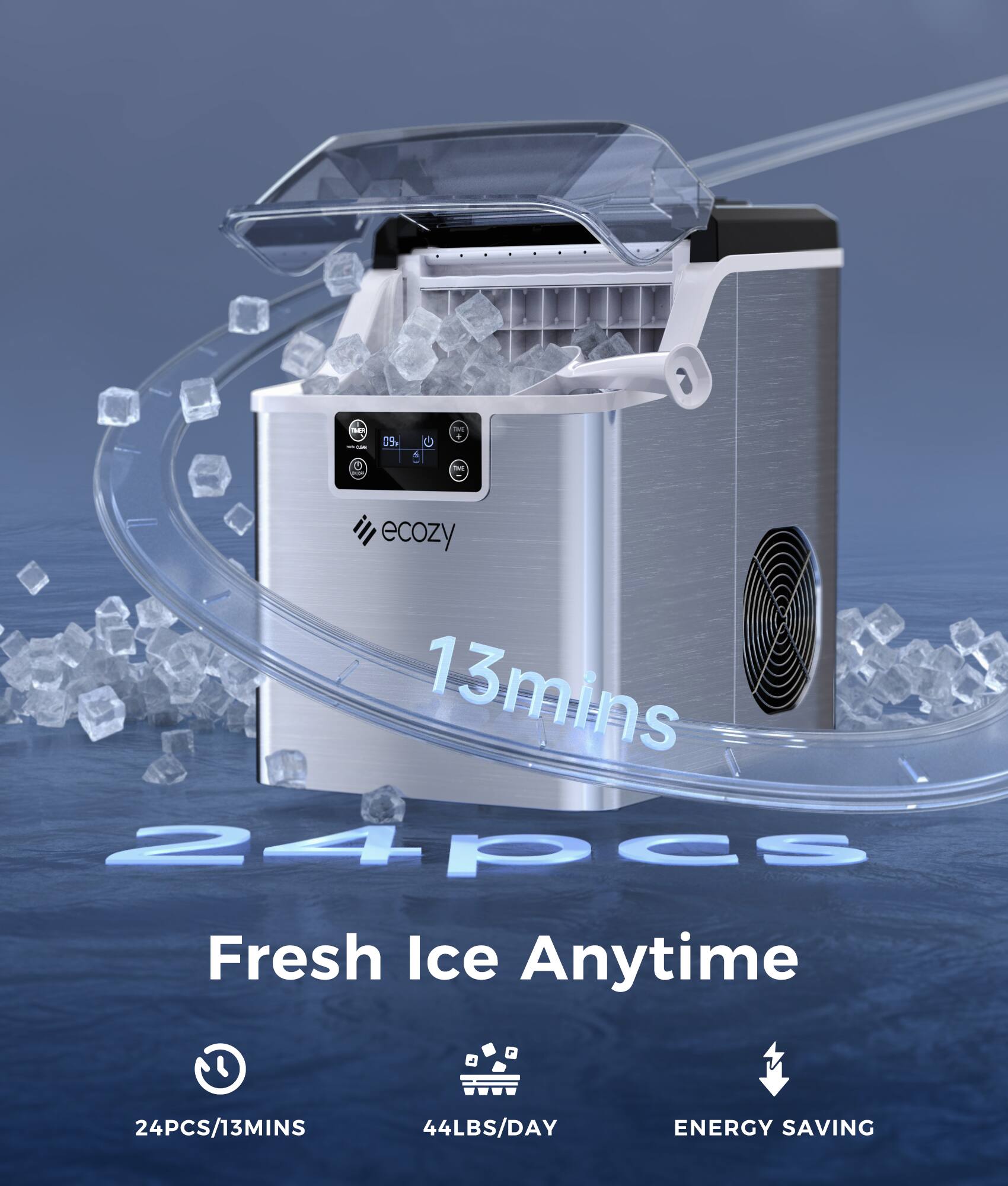 The text on the image can be grouped and corrected as follows:

"13mins 24pcs Fresh Ice Anytime 24PCS/13MINS 44LBS/DAY ENERGY SAVING"