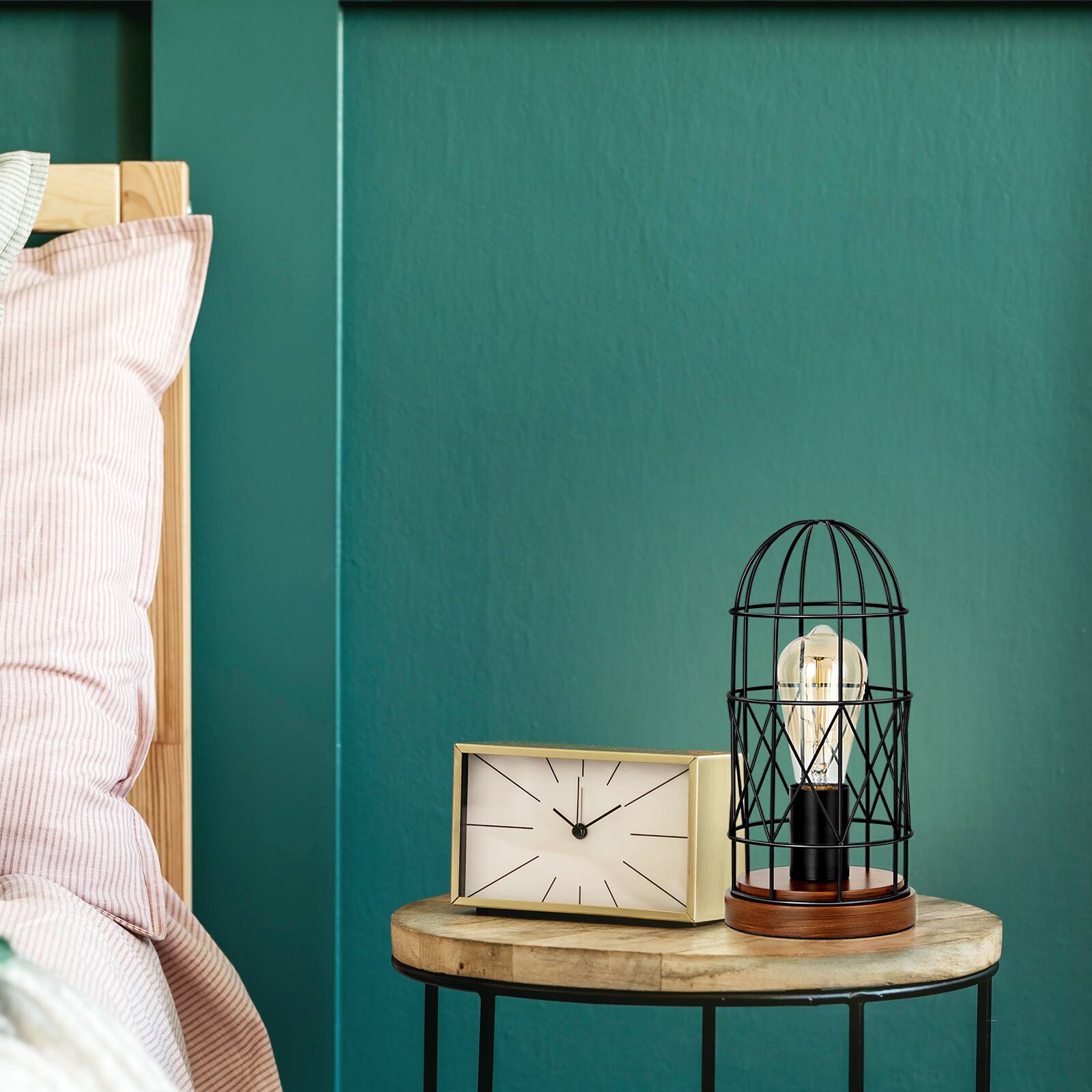 Back. Oumilen - Industrial Birdcage Table Lamp with Wood Base – Vintage Metal Cage Desk Lamp for Bedroom, Living Room.
