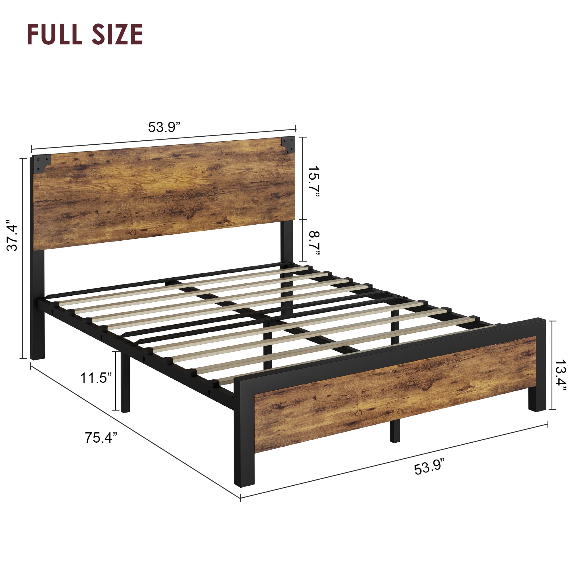 FULL SIZE

- Length: 75.4"
- Width: 53.9"
- Height: 37.4"
- Side Rail Height: 15.7"
- Side Rail Width: 11.5"
- Footboard Height: 13.4"