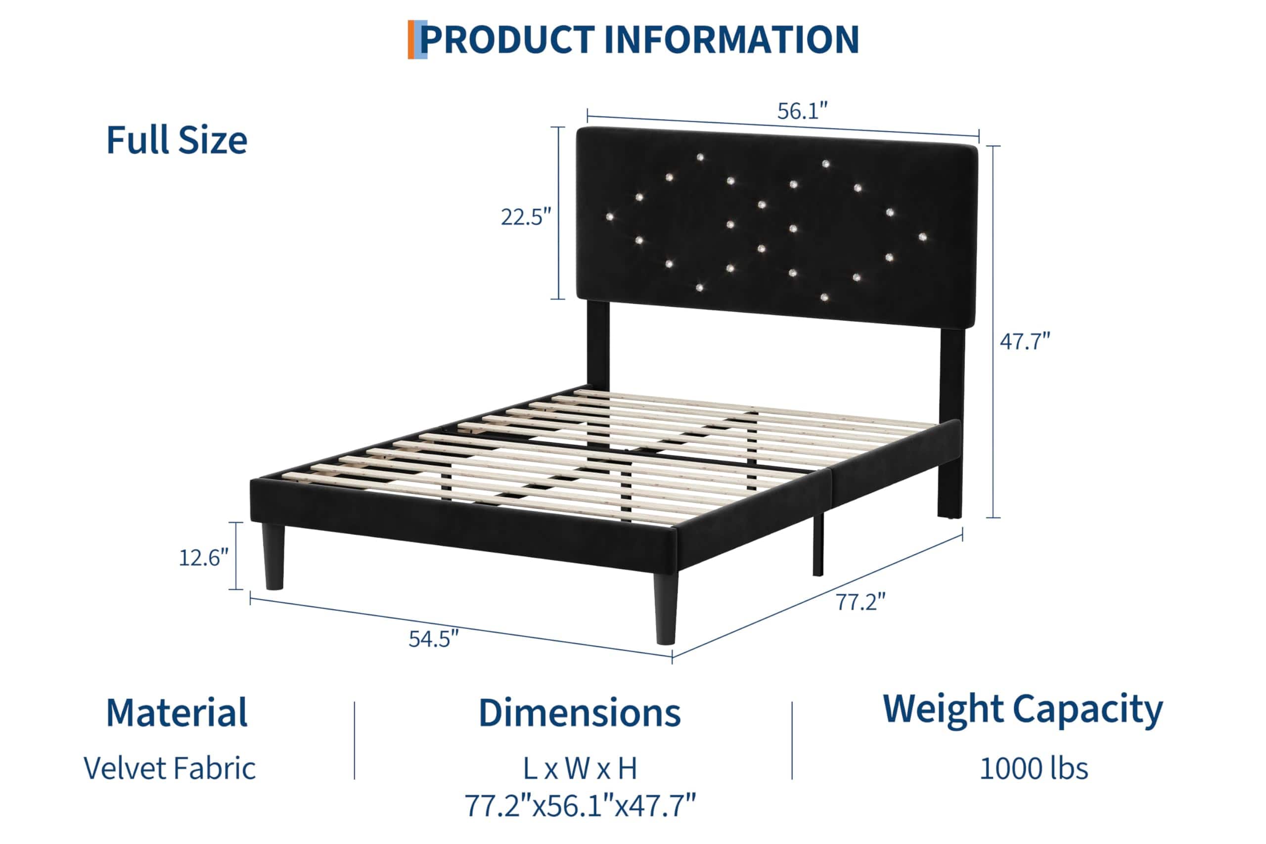GARVEE - Bed Frames, Velvet Upholstered Bed Frame with Vertical Channel Tufted & Sturdy Wood Slats - Black