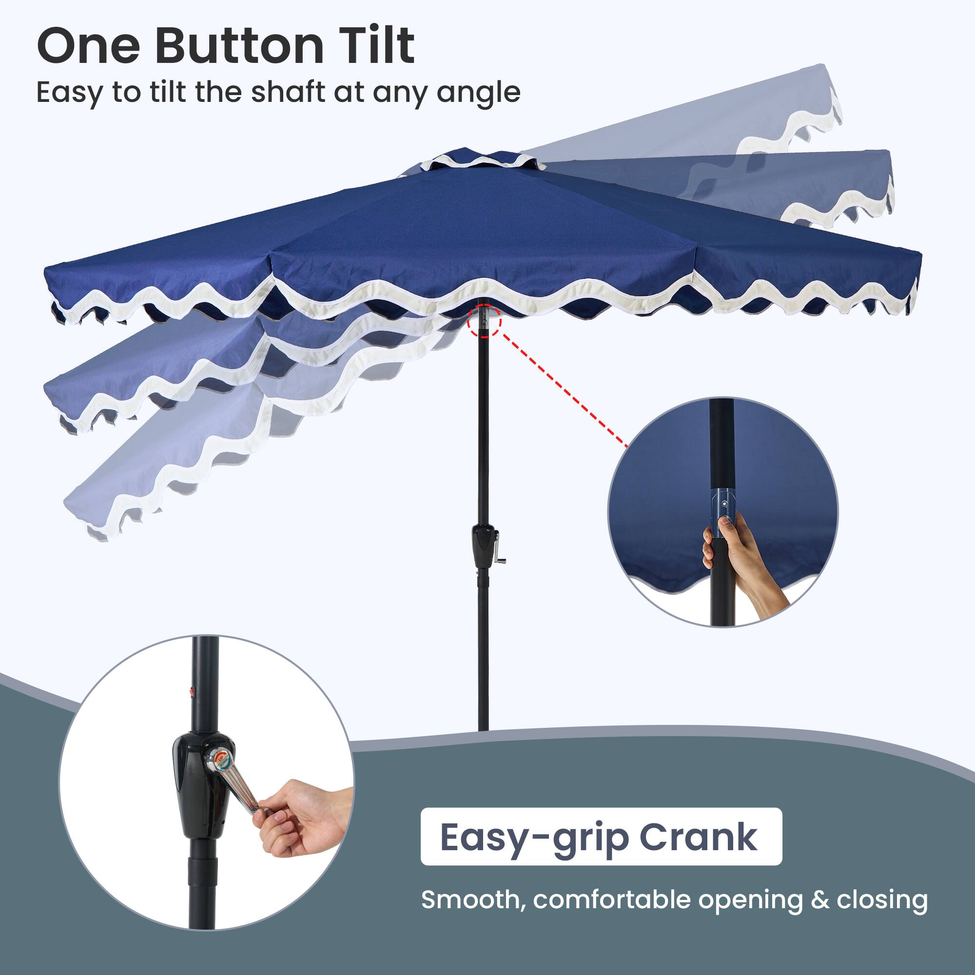 One Button Tilt  
Easy to tilt the shaft at any angle  

Easy-grip Crank  
Smooth, comfortable opening & closing