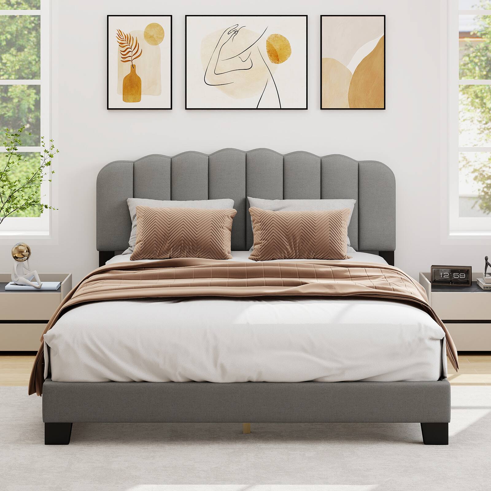 Angle. LUCKY ONE - Queen Assembled Platform Bed Frame with Adjustable Scalloped Tufted Headboard Linen LVL Slats - Gray + Black.