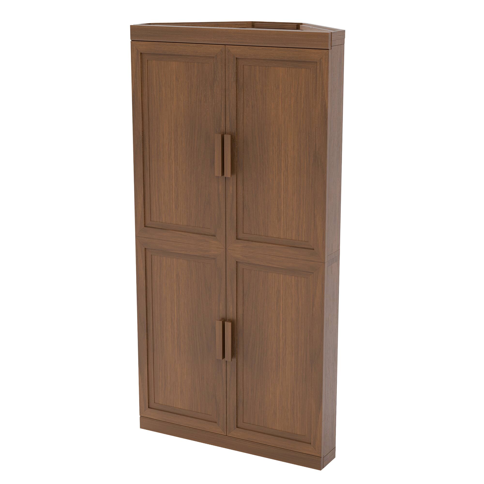 Angle. PexFix - 62" Farmhouse Corner Accent Storage Cabinet with Solid Wood Doors and Adjustable Shelves for Space-Saving - Walnut.