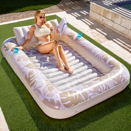 Front. Joyfy - 85" x 57" Inflatable Tanning Pool Suntan Lounge Lounger Float for Adults Extra Large Suntan Tub (Gold White Tropical).