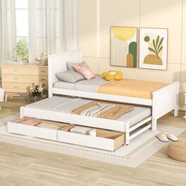 Whisen - Twin Size Platform Bed Frame with Trundle and 2 Storage Drawers, Wood Bedroom Furniture - White