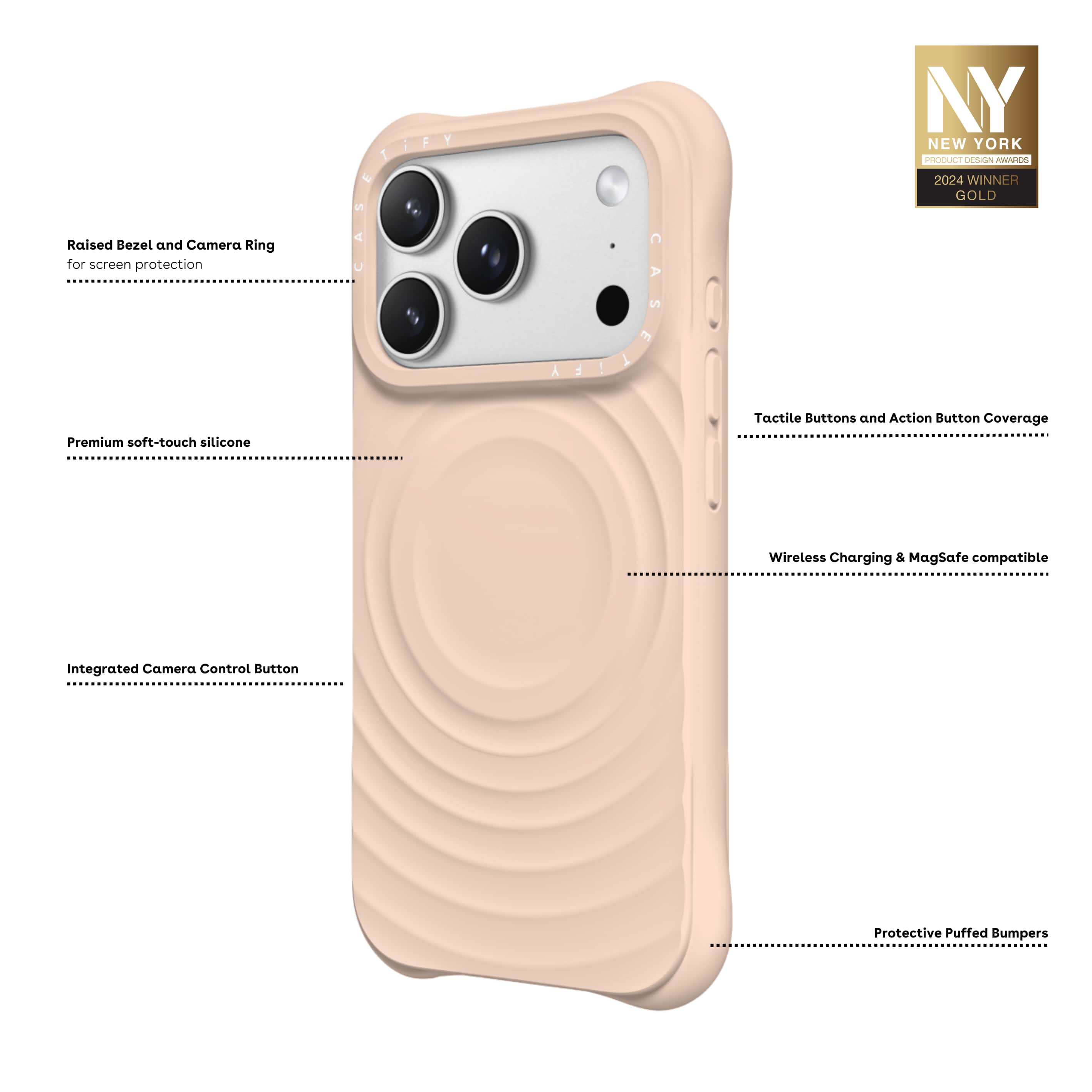 4 o 1 F Y NY NEW YORK P - addaA dada 2024 WINNER GOLD Raised Bezel and Camera Ring for screen protection Premium soft-touch silicone Tactile Buttons and Action Button Coverage Wireless Charging & MagSafe compatible Integrated Camera Control Button Protective Puffed Bumpers