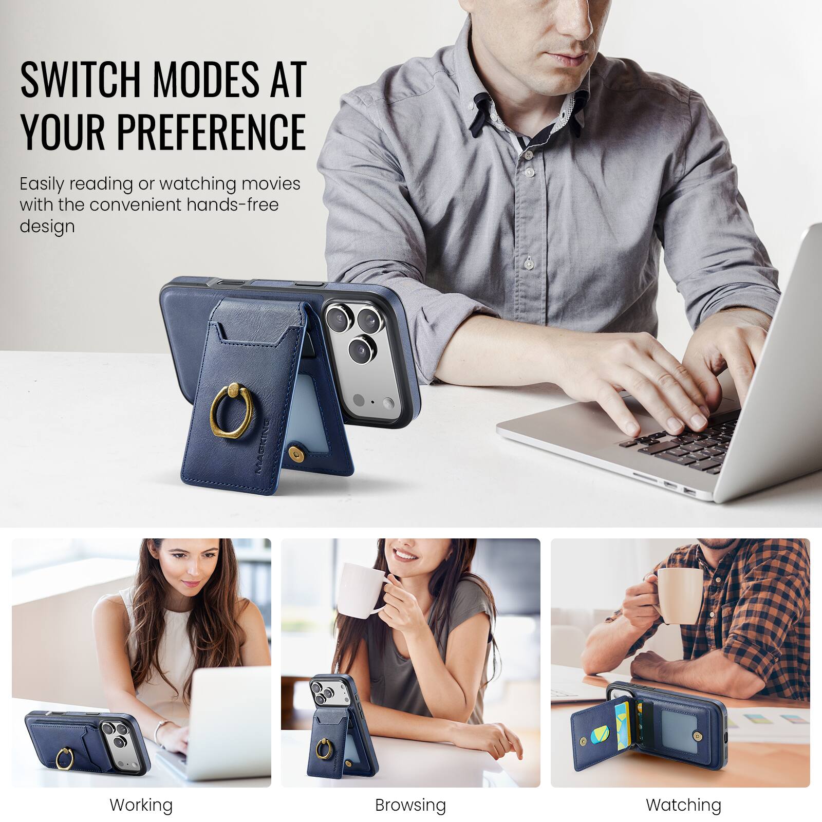 SWITCH MODES AT YOUR PREFERENCE  
Easily reading or watching movies with the convenient hands-free design  

MASKING  
Working  
Browsing  
Watching