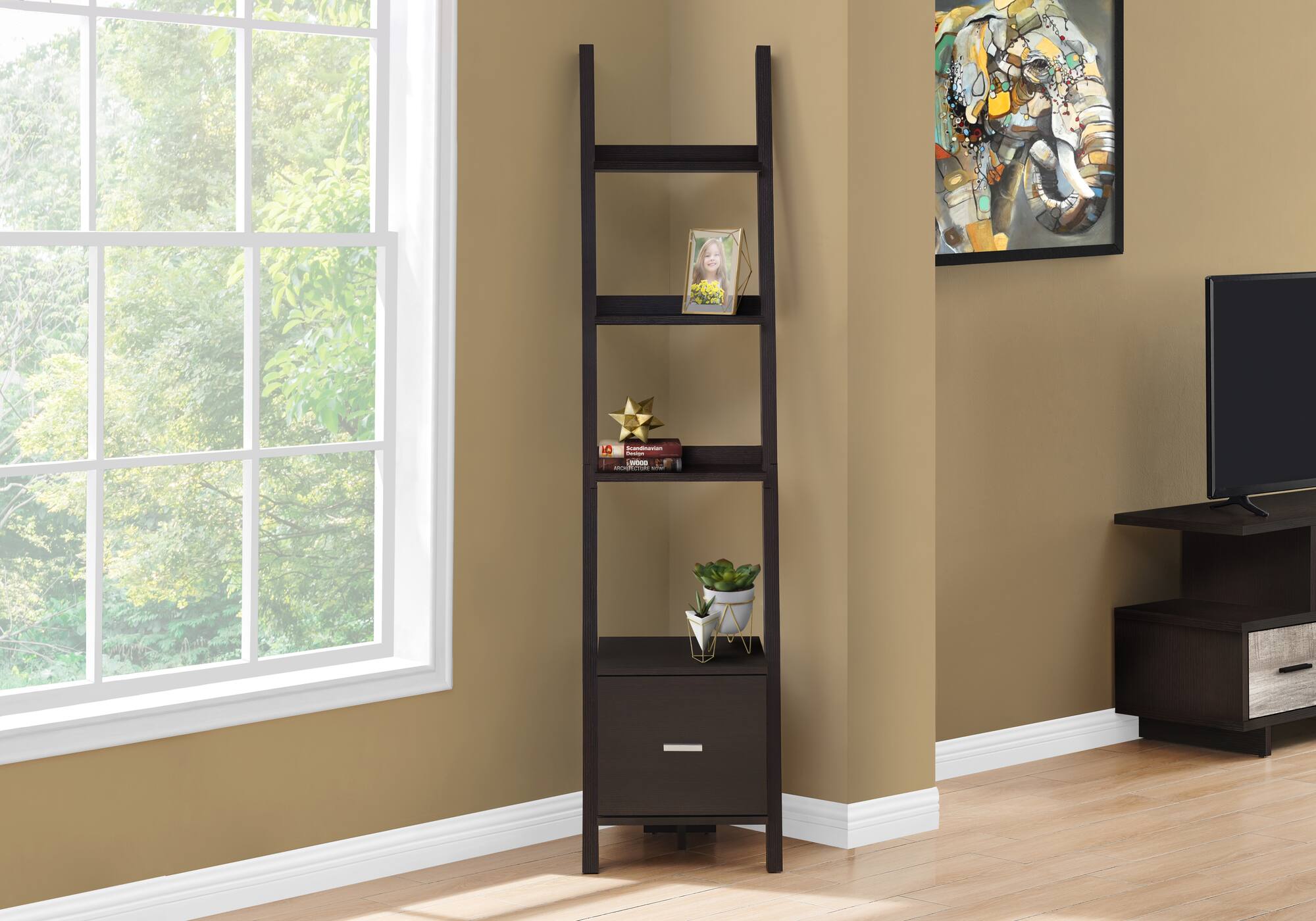 Alt View 1. TinyHomie - Bookshelf Bookcase Etagere Corner Ladder 69in H Brown Laminate - Espresso.