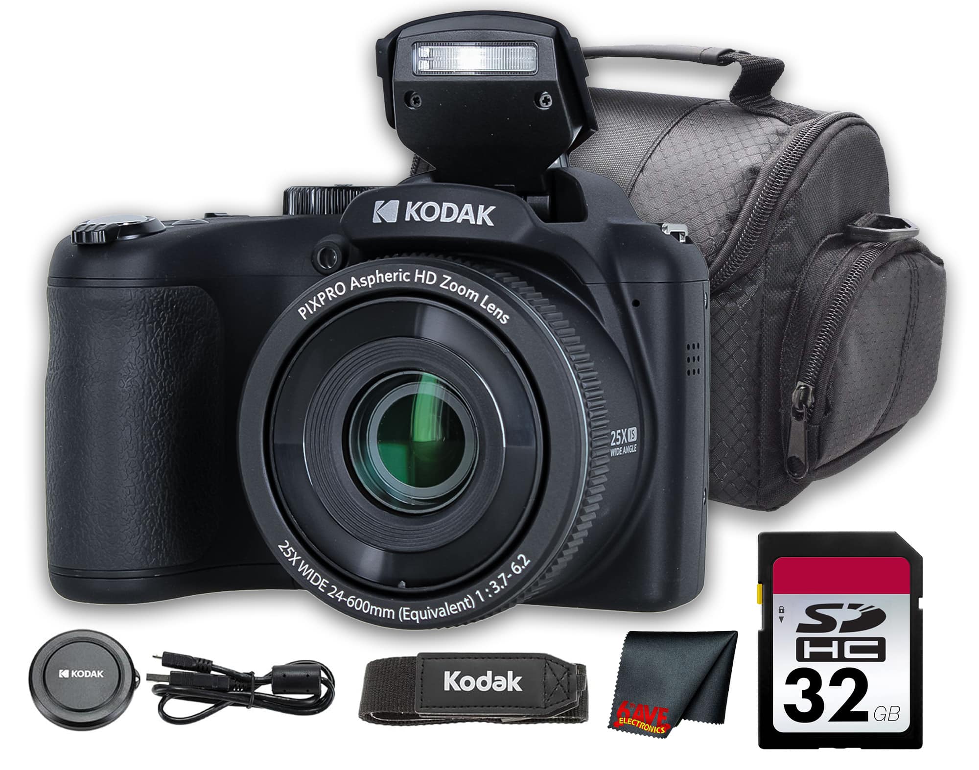 Kodak - PIXPRO AZ255 Digital Camera (Black) (AZ255BK) + 32GB Card + Bag + Cloth