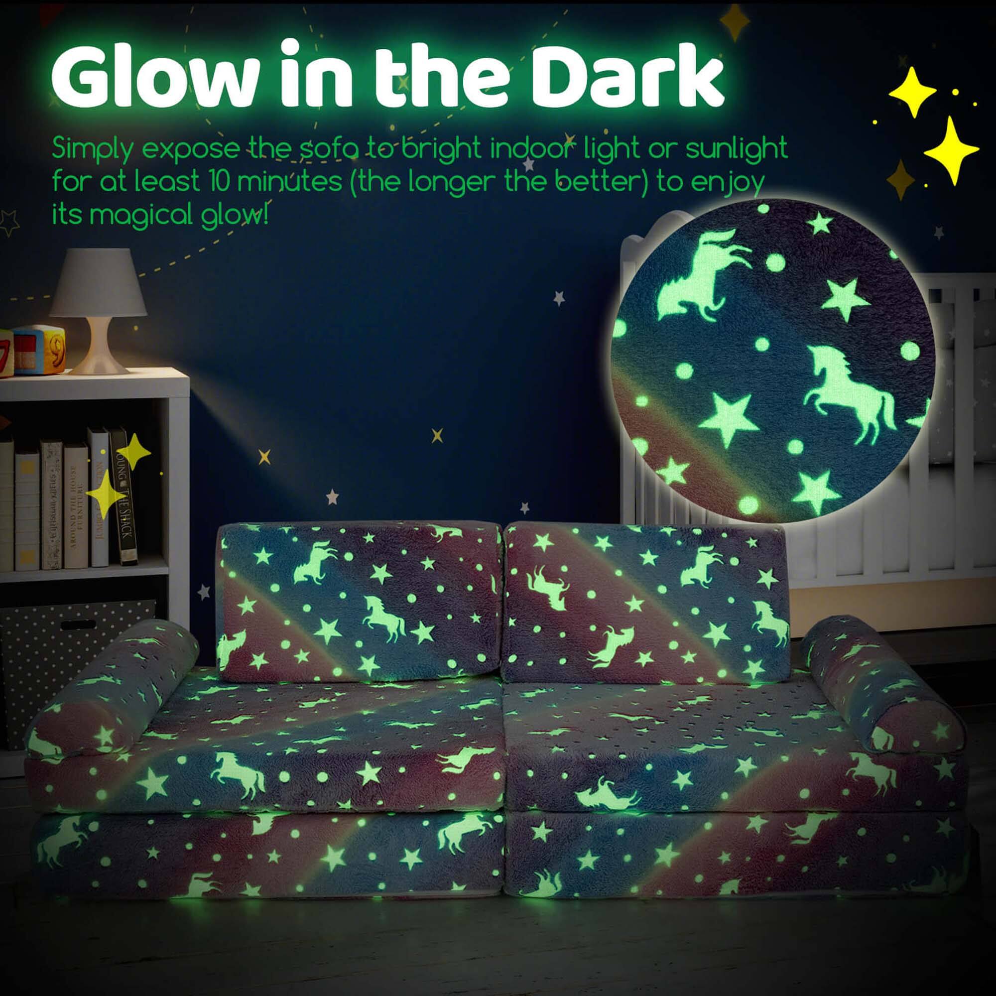 Glow in the Dark

Simply expose the sofa to bright indoor light or sunlight for at least 10 minutes (the longer the better) to enjoy its magical glow!