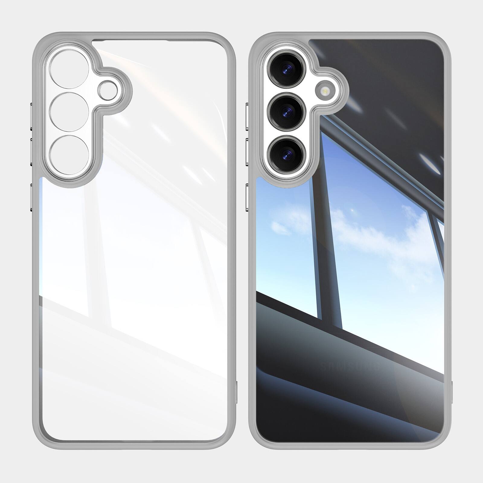 Angle. UUCOVER - Clear Protective Case for Samsung Galaxy S26+, Metal Camera Frame Protection, Shockproof Glossy Transparent Slim Cover - Gray.