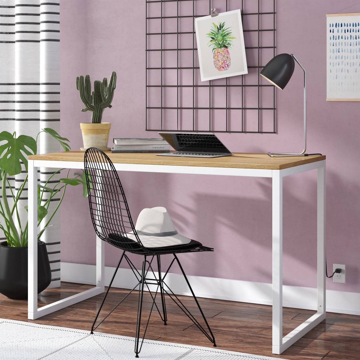 Angle. Hivvago - Modern Home Office Desk with White Metal Frame and Wood Table Top - brown.