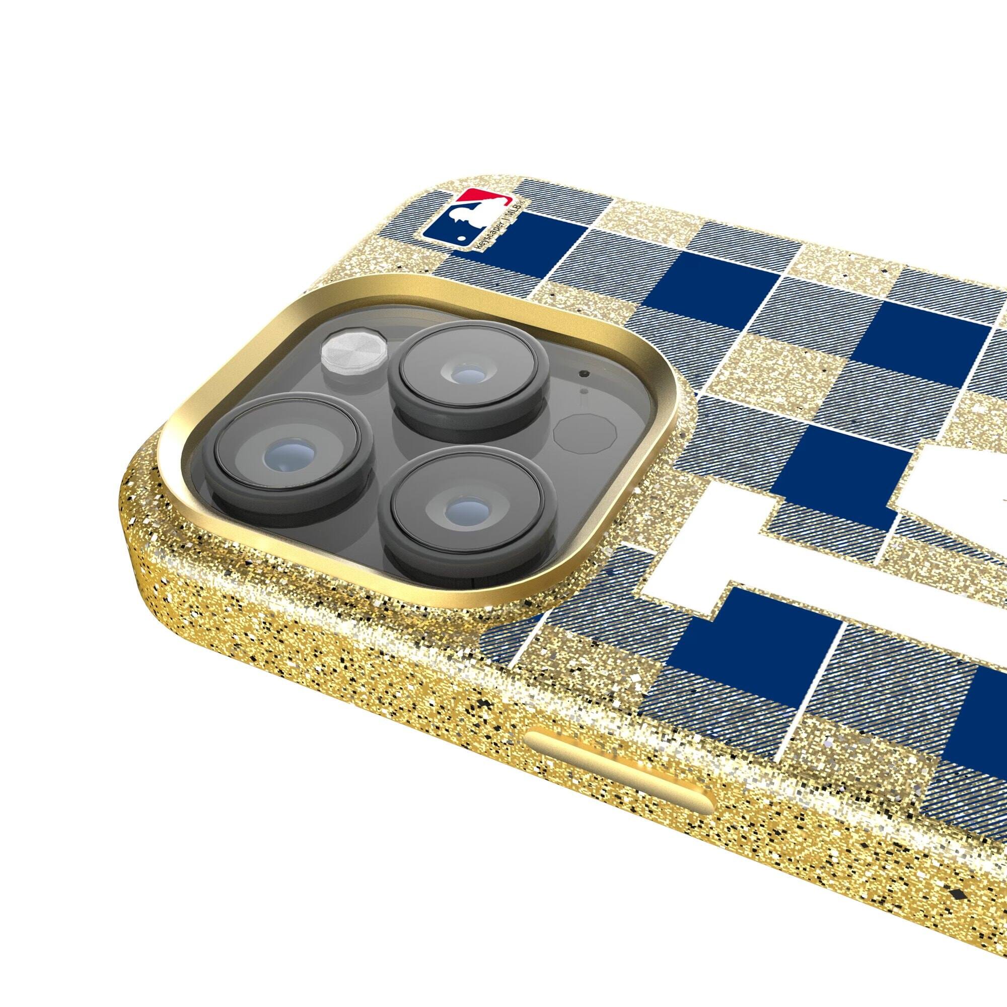 Alt View 3. Keyscaper - Los Angeles Dodgers Plaid Bling iPhone Case - 14 Pro Max - Gold.