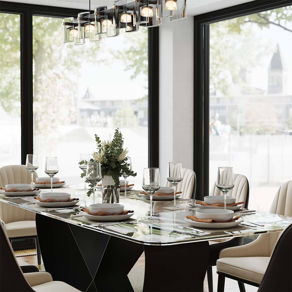 Back. POVISON - 71" Tempered Glass Dining Table for 6, Clear Glass Dining Table with Black Butterfly Carbon Steel Base - Transparent.