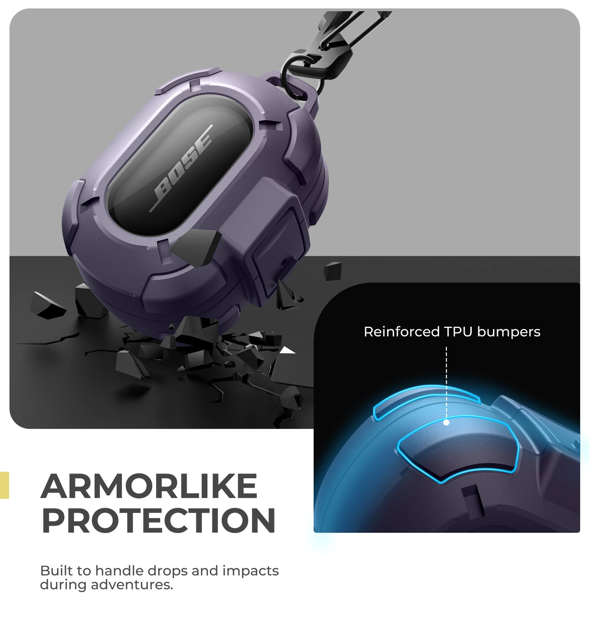 Reinforced TPU bumpers  
ARMORLIKE PROTECTION  
Built to handle drops and impacts during adventures.